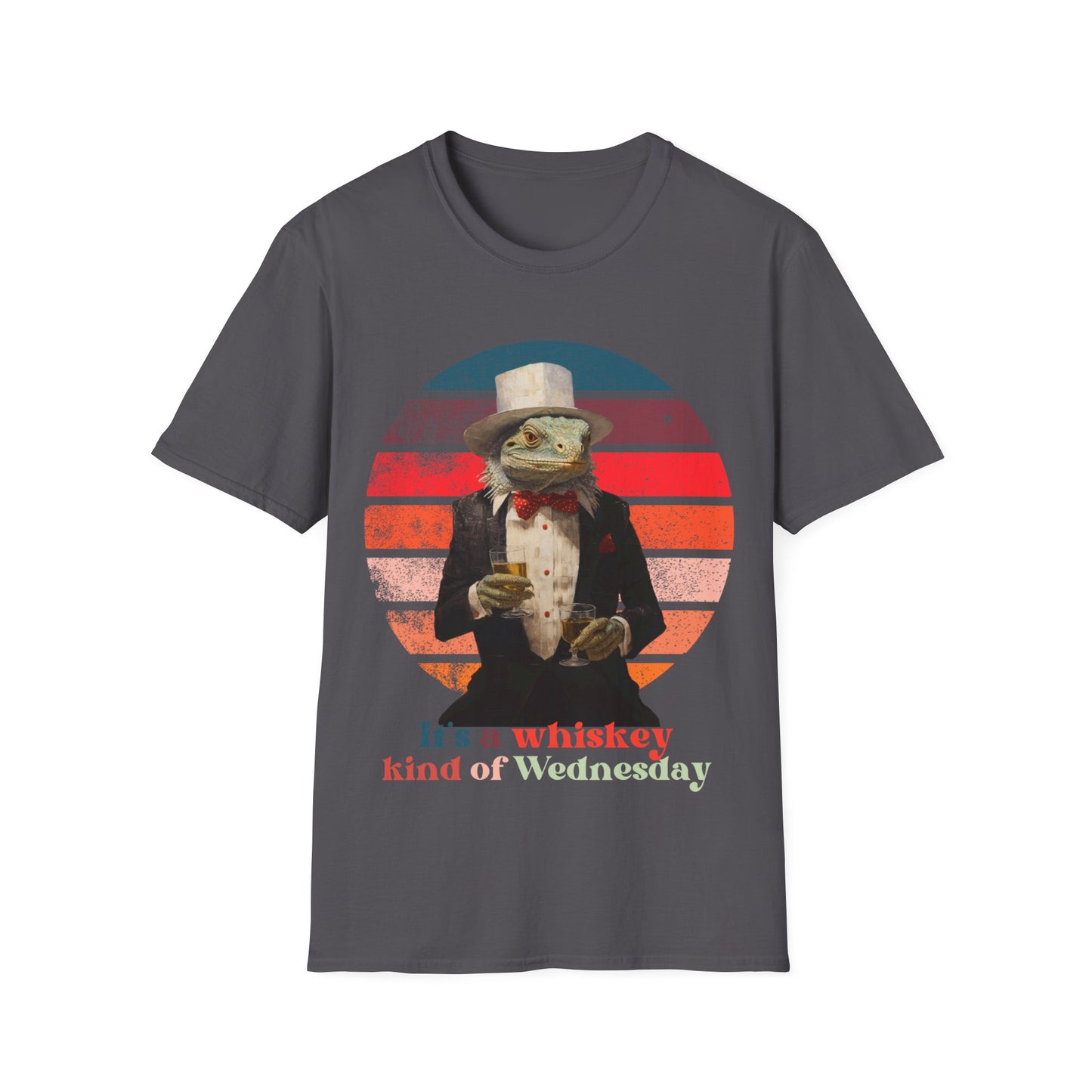 Retro Drinking Whiskey Iguana, "It's a Whiskey Kind of Wednesday" Cocktail, Happy Hour Drinking Gift Unisex Graphic Tee Shirt, T-Shirt Softstyle T-Shirt Tee Tee - New Years
