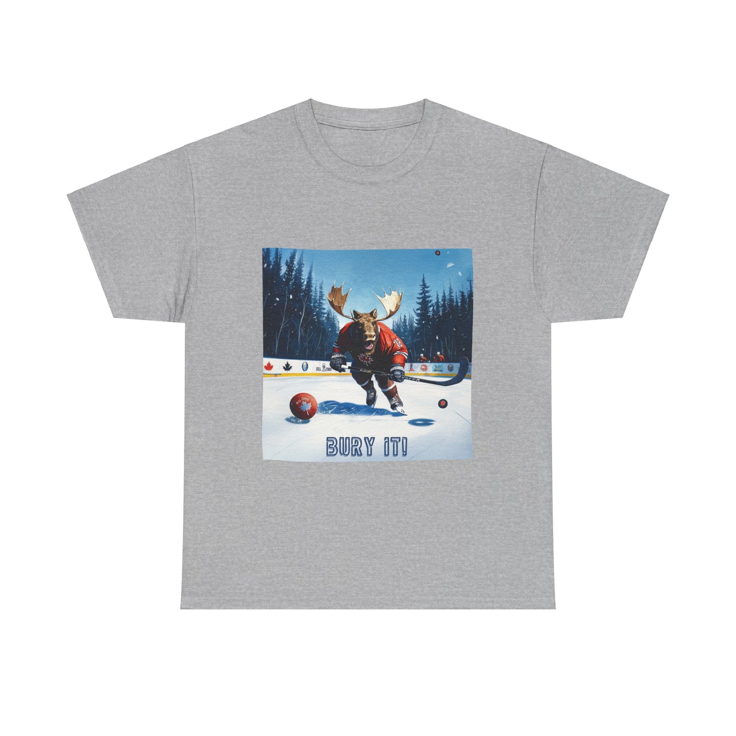 "Bury It" Hockey Player Moose - Moose Lover Hockey Graphic Tee Unisex Heavy Cotton Tee T-Shirt