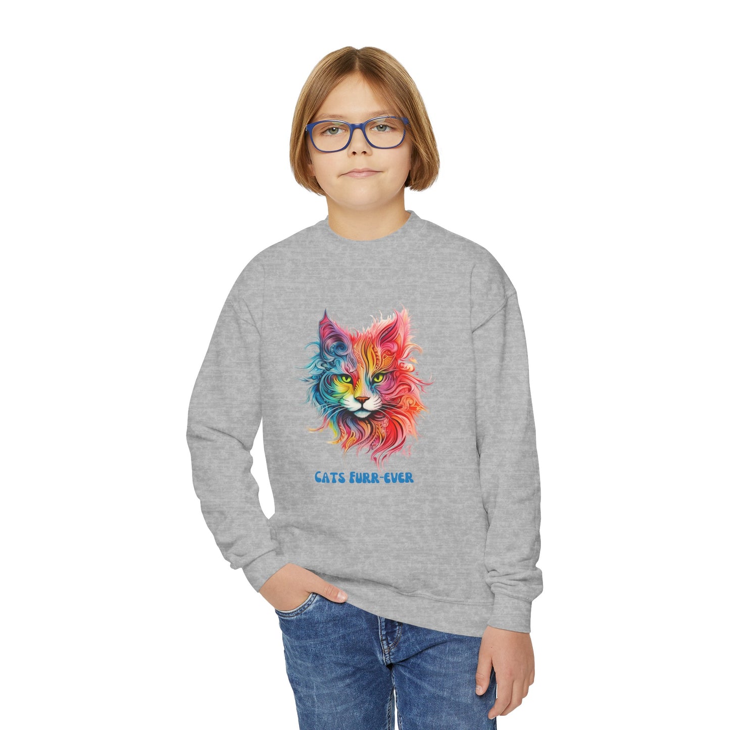 Cats Furr-Ever. Kids Cat Lovers, Kids, Girls, Boys Youth Crewneck Sweatshirt Magic Fluffy Cat for Kids