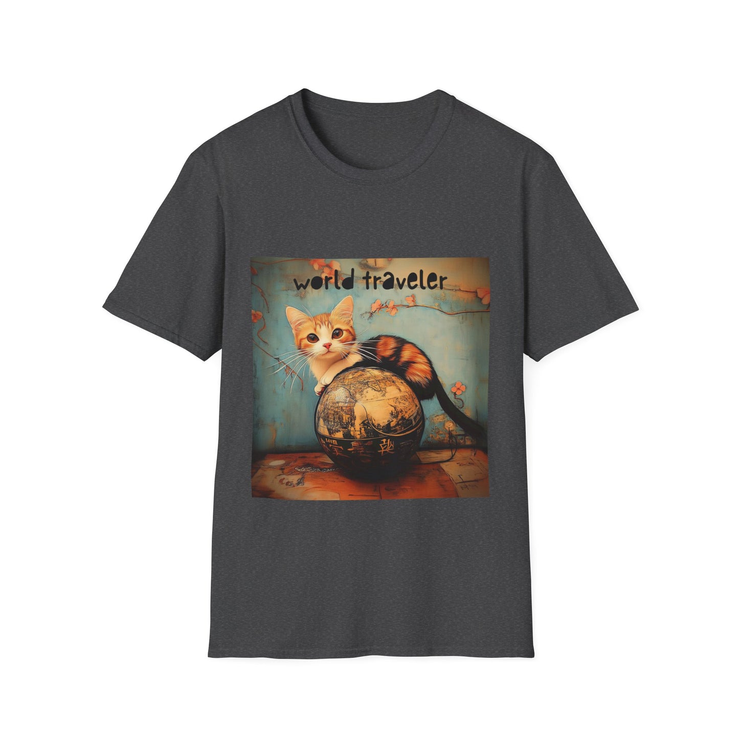 World Traveler Cute Cat Shirt, Cat Lover's Gift Graphic Tee Shirt, Text Reads "World Traveler" Unisex Softstyle T-Shirt Tee Teeshirt Retro