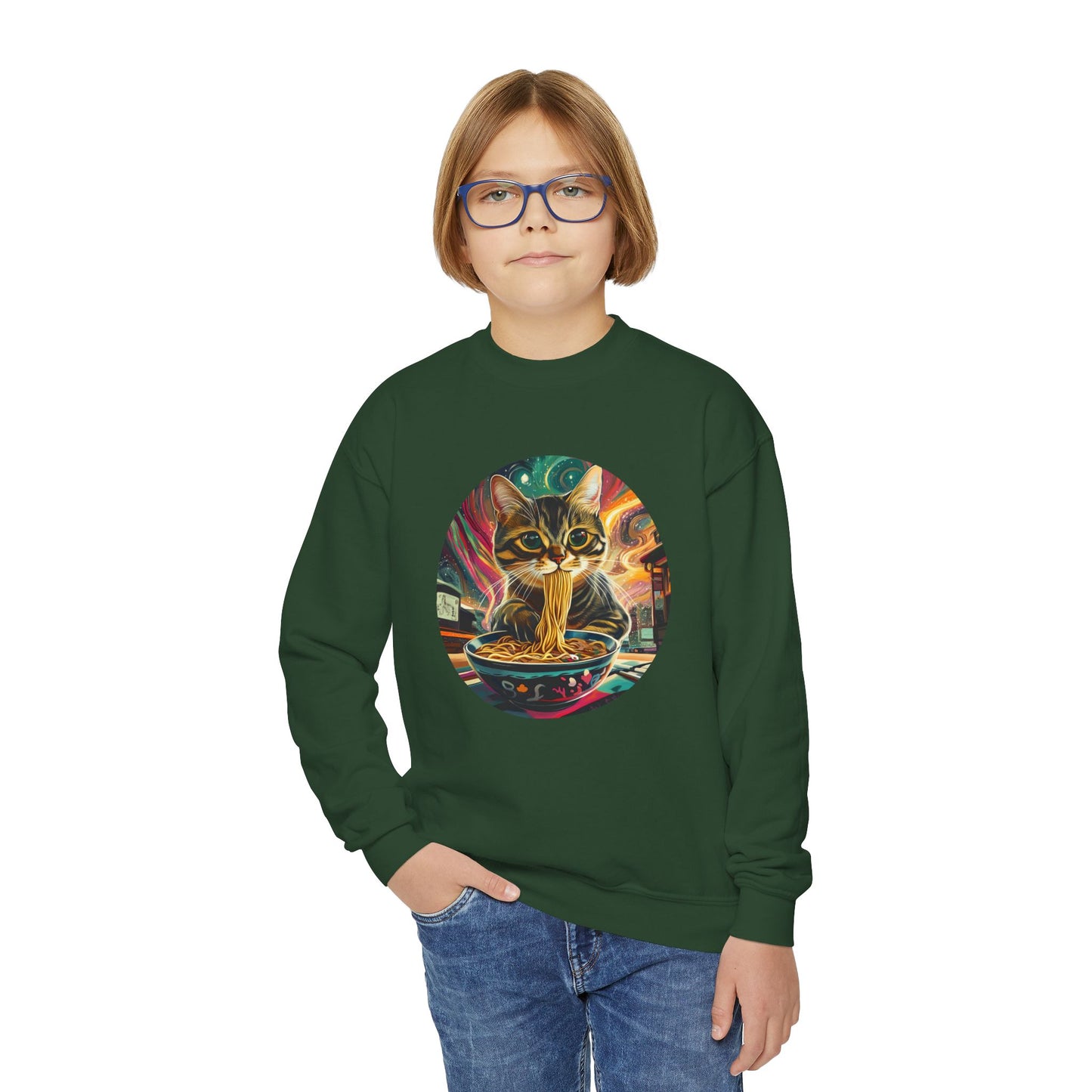 Slurping Noodle Ramen Bowl Cats for Kids Sweatshirt - Slurping Noodle Kitty Cat Youth Crewneck Sweatshirt -Christmas Cat Gift