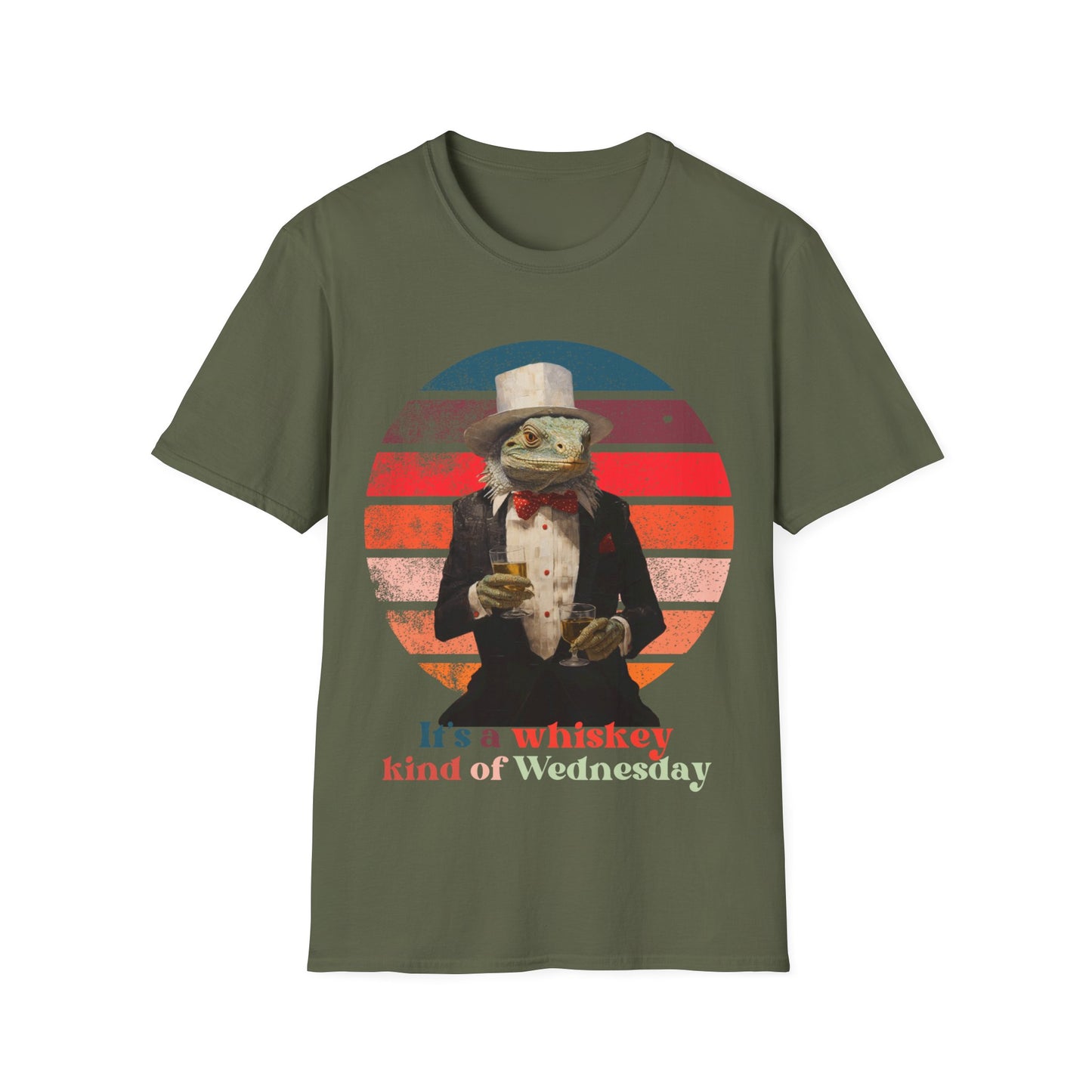 Retro Drinking Whiskey Iguana, "It's a Whiskey Kind of Wednesday" Cocktail, Happy Hour Drinking Gift Unisex Graphic Tee Shirt, T-Shirt Softstyle T-Shirt Tee Tee - New Years