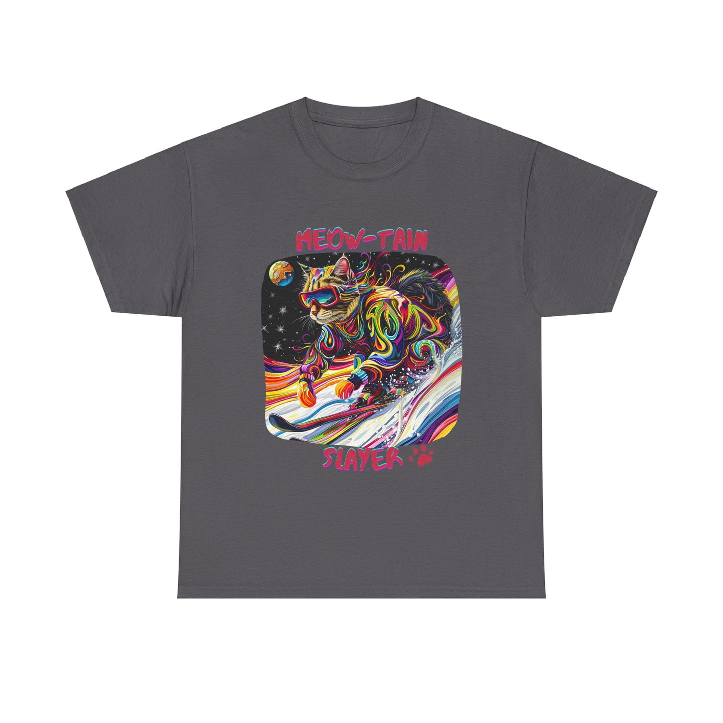 Meow-tain Slayer - Ski, Snow, Snowboard Winter Sports Cat Cat Art Graphic Tee, Ski Gift - Cool Cats Unisex Heavy Cotton Tee T-Shirt