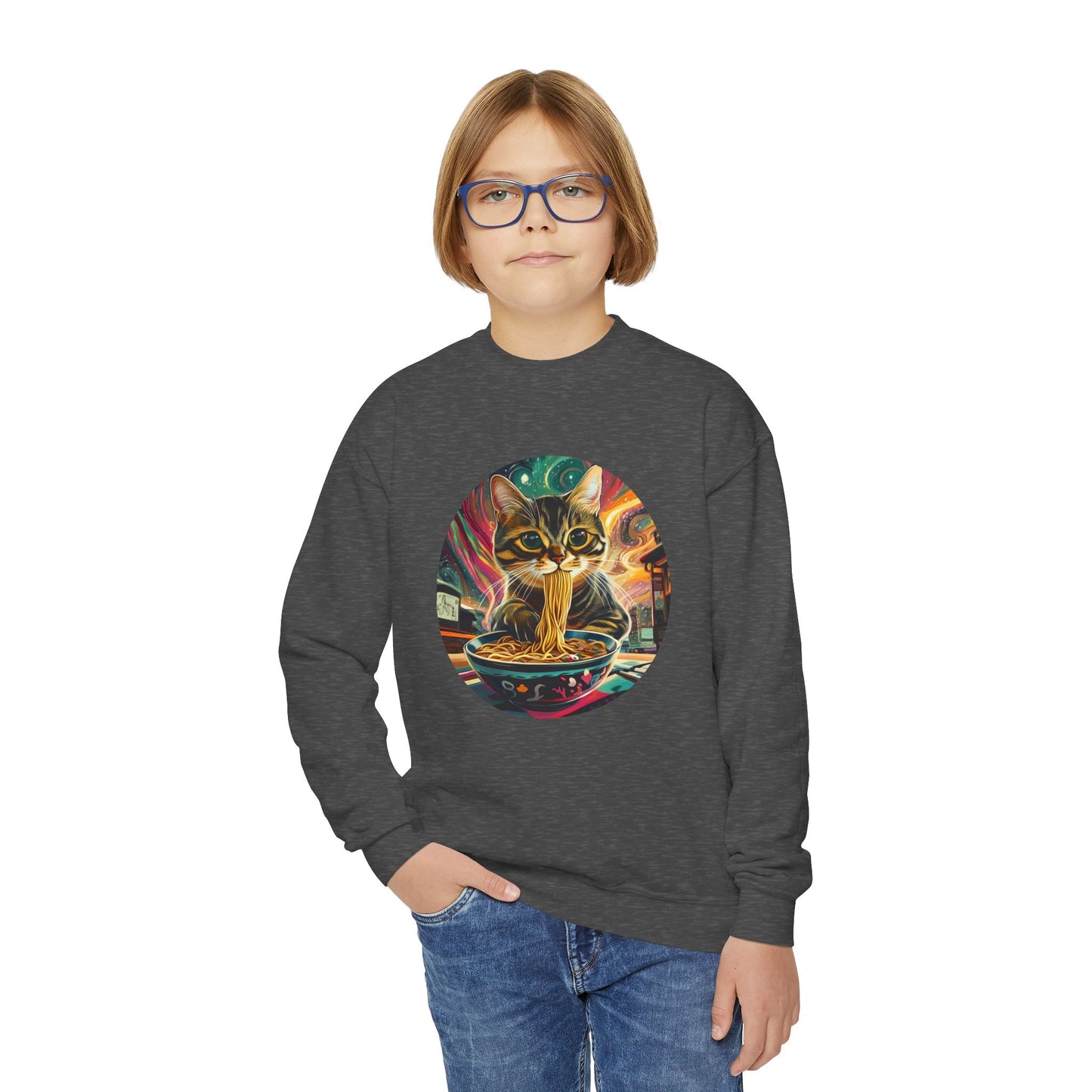 Slurping Noodle Ramen Bowl Cats for Kids Sweatshirt - Slurping Noodle Kitty Cat Youth Crewneck Sweatshirt -Christmas Cat Gift