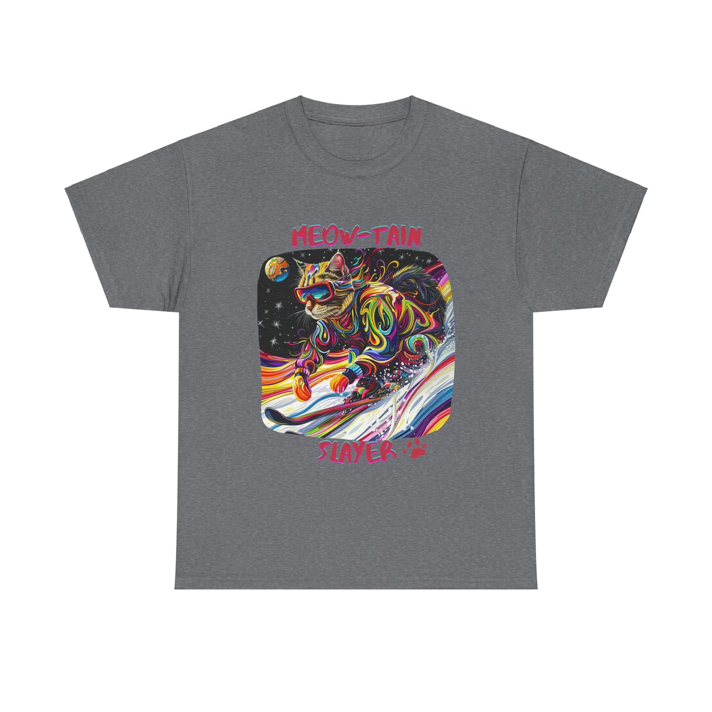 Meow-tain Slayer - Ski, Snow, Snowboard Winter Sports Cat Cat Art Graphic Tee, Ski Gift - Cool Cats Unisex Heavy Cotton Tee T-Shirt