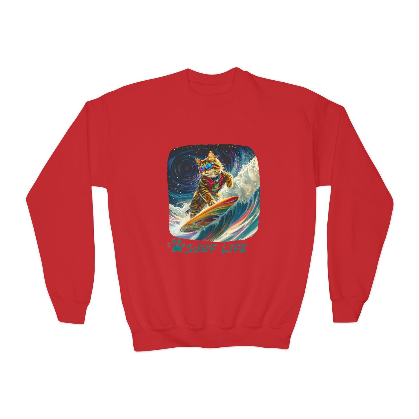 Surf Life Surfer Cat for Kids Sweatshirt - Kitty Cat Shredding the Weves-Youth Crewneck Sweatshirt -Christmas Cat Gift
