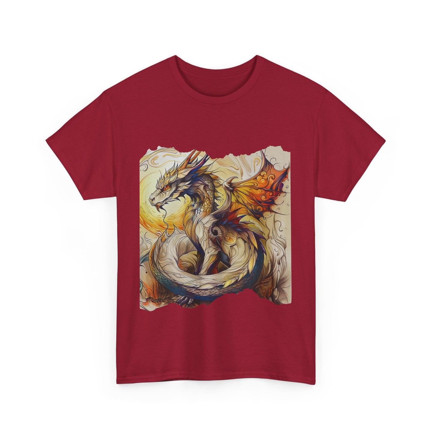 Dragons Yellow Sun Graphic Tee - Dragons and Ancestors - Dragon Lovers Unisex Heavy Cotton Tee T-Shirt