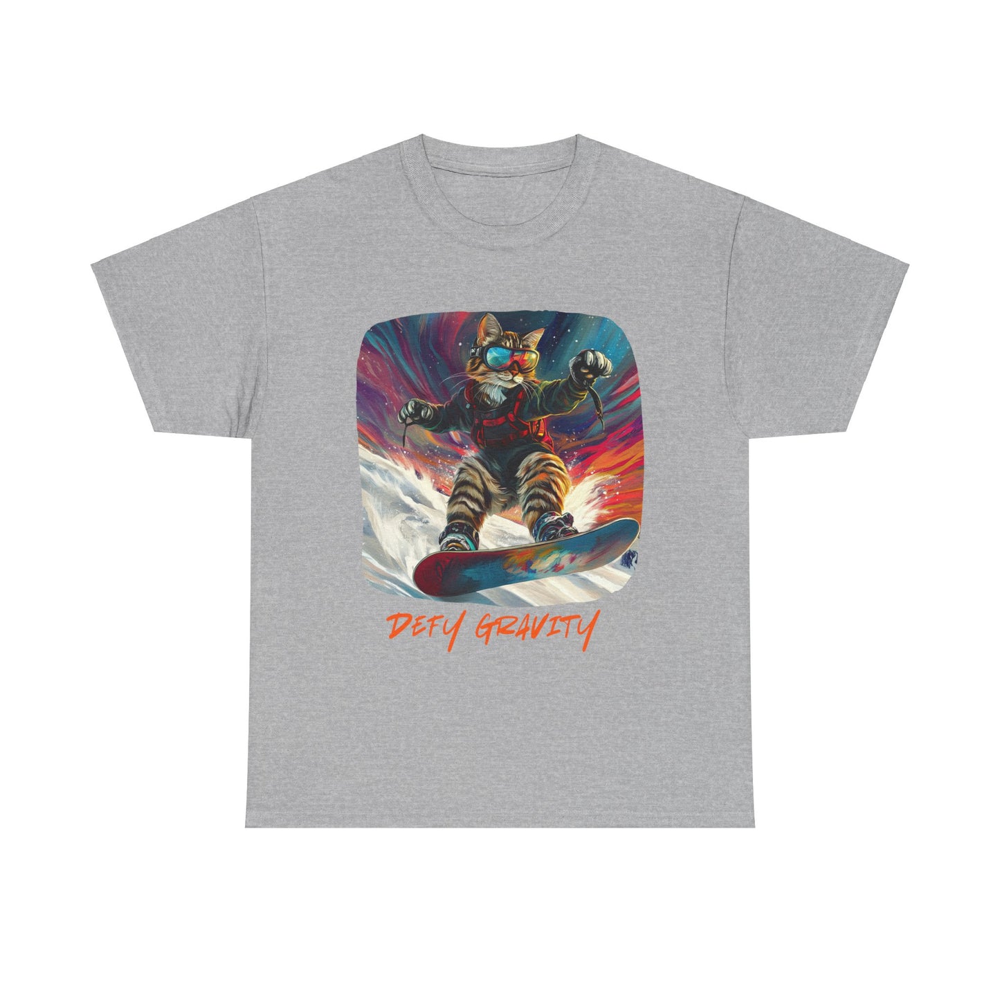 Defy Gravity Snowboard Cat Graphic Tee - Extreme Winter Sports Ski Cat Art Gift - Cool Cats Unisex Heavy Cotton Tee T-Shirt