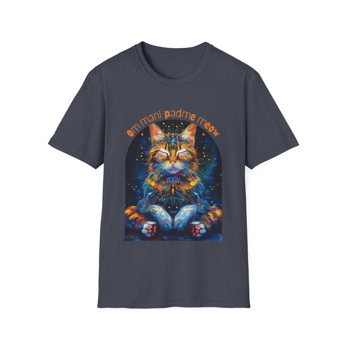Om Mani Padme Meow (Ver 3) - Meditating Cat Shirt, Cat Lover's Graphic Tee Graphic Unisex T- Shirt, T-Shirt Cat Lovers Gift Softstyle T-Shirt Tee Teeshirt Stylized Cat