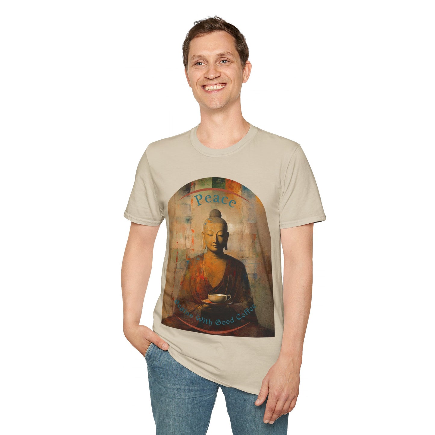 Coffee Lover Peace Gift, Peace Begins with Good Coffee Buda Buddha Budda Unisex Jersey Short Sleeve Tee Shirt, Softstyle T-Shirt Men Woman