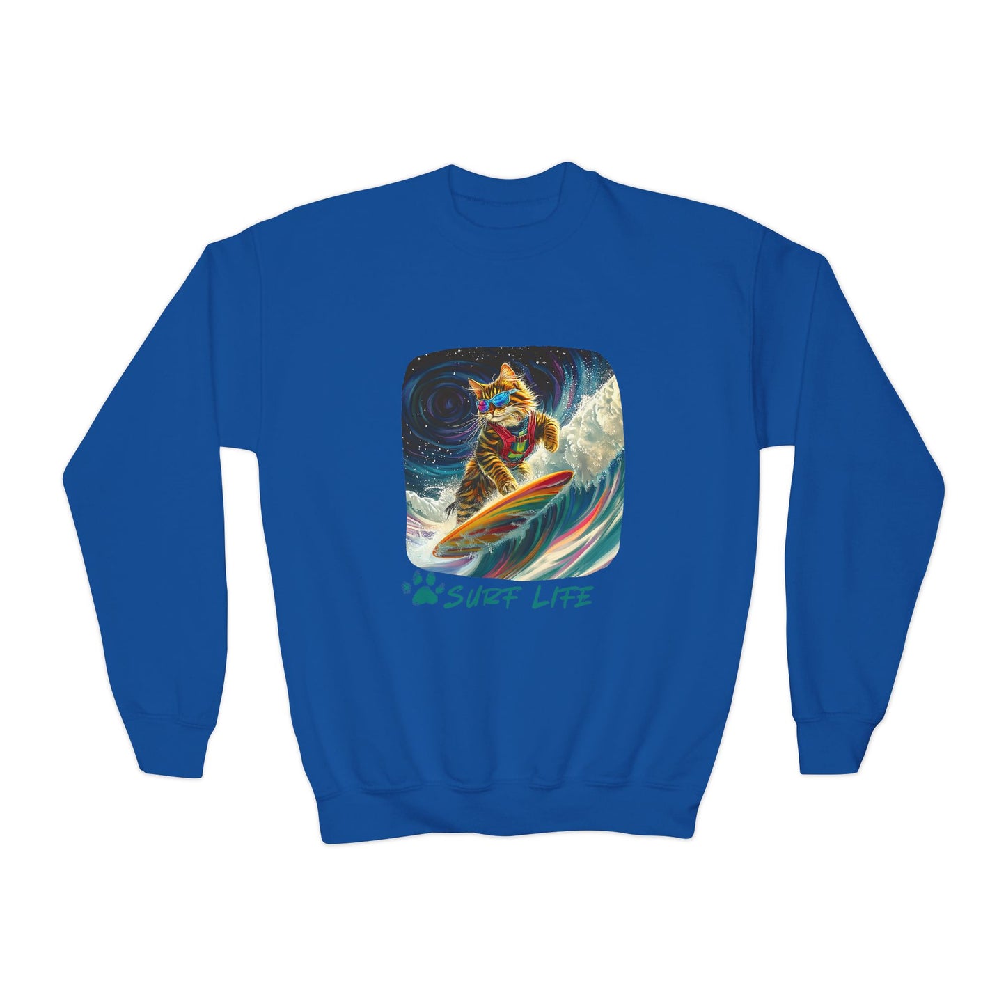 Surf Life Surfer Cat for Kids Sweatshirt - Kitty Cat Shredding the Weves-Youth Crewneck Sweatshirt -Christmas Cat Gift