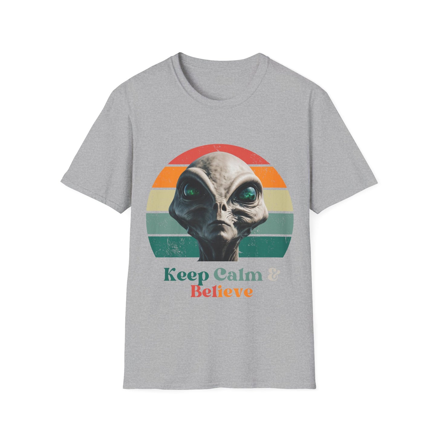 Retro Alien ET, Extraterrestrial Shirt, T-Shirt, "Keep Calm and Believe" Softstyle Unisex Tee Shirt - 60s 70s Vibe- Keep Calm Hippie Shirt