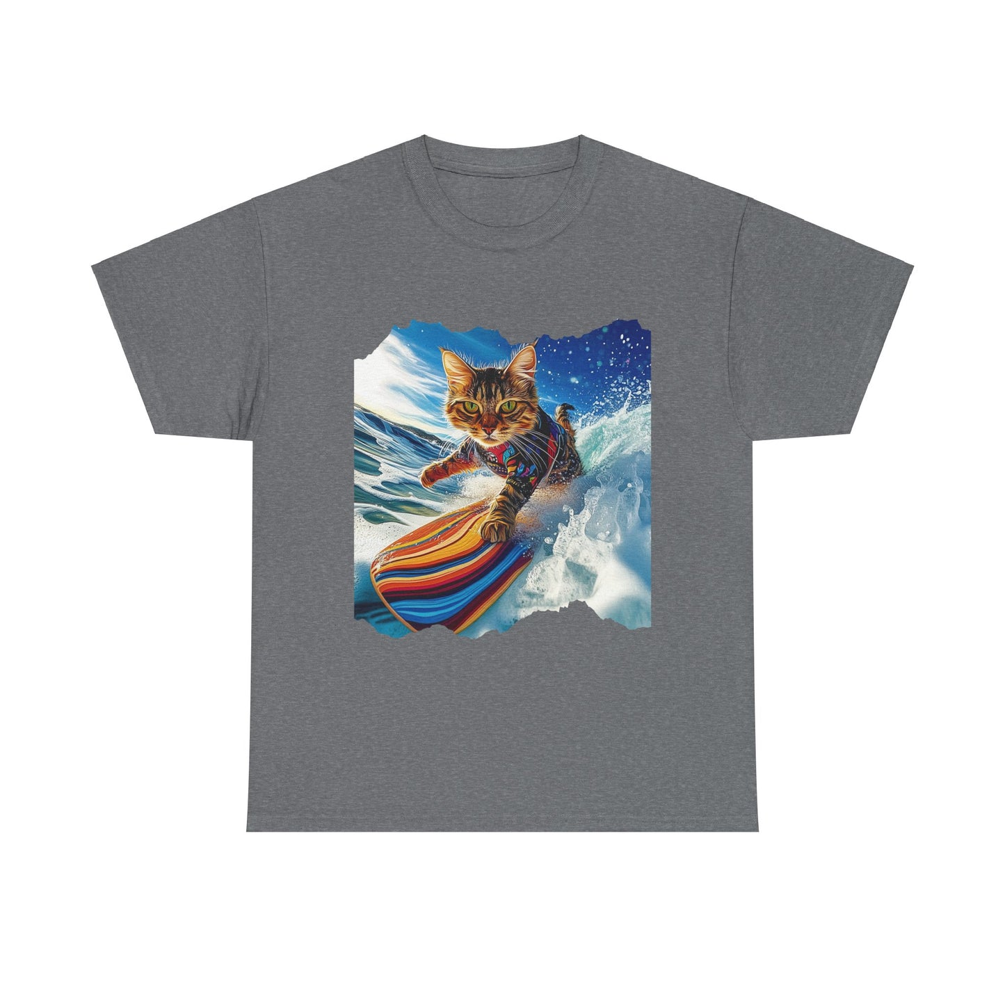 Surfer Surf Cat, Cat on Surfboard Graphic Tee- Water Sports Cat (V1) Cat Art Gift - Cool Cats Unisex Heavy Cotton Tee T-Shirt