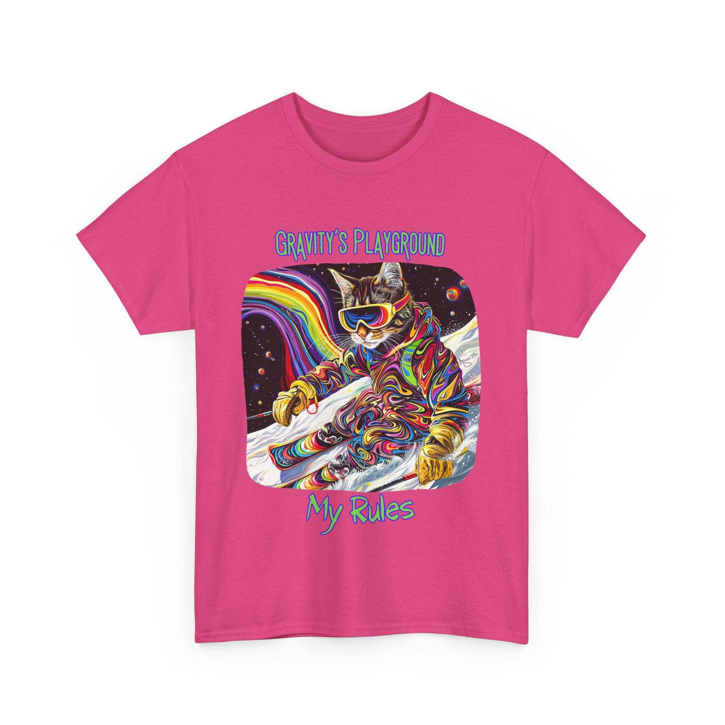 Gravity's Playground, My Rules - Ski, Snow, Snowboard Winter Sports Cat - Cat Graphic Tee Art Gift - Cool Cats Unisex Heavy Cotton Tee T-Shirt