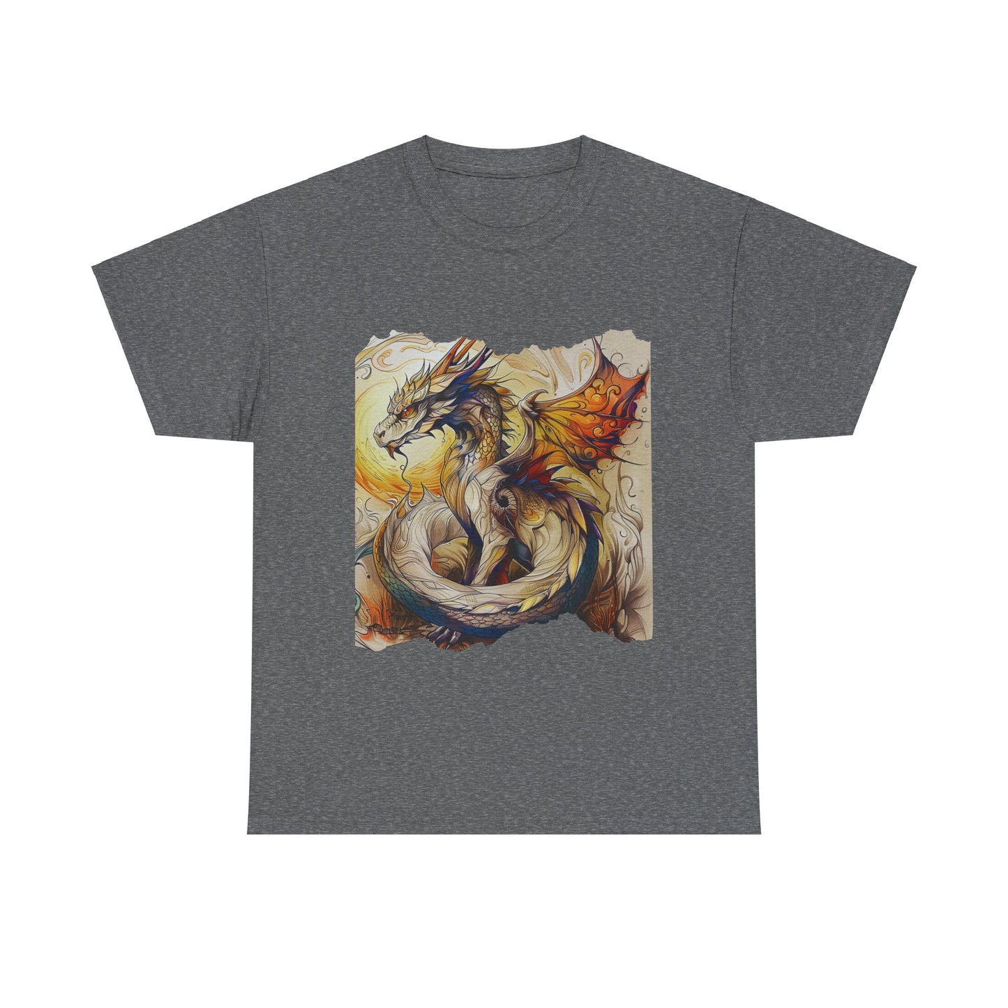 Dragons Yellow Sun Graphic Tee - Dragons and Ancestors - Dragon Lovers Unisex Heavy Cotton Tee T-Shirt