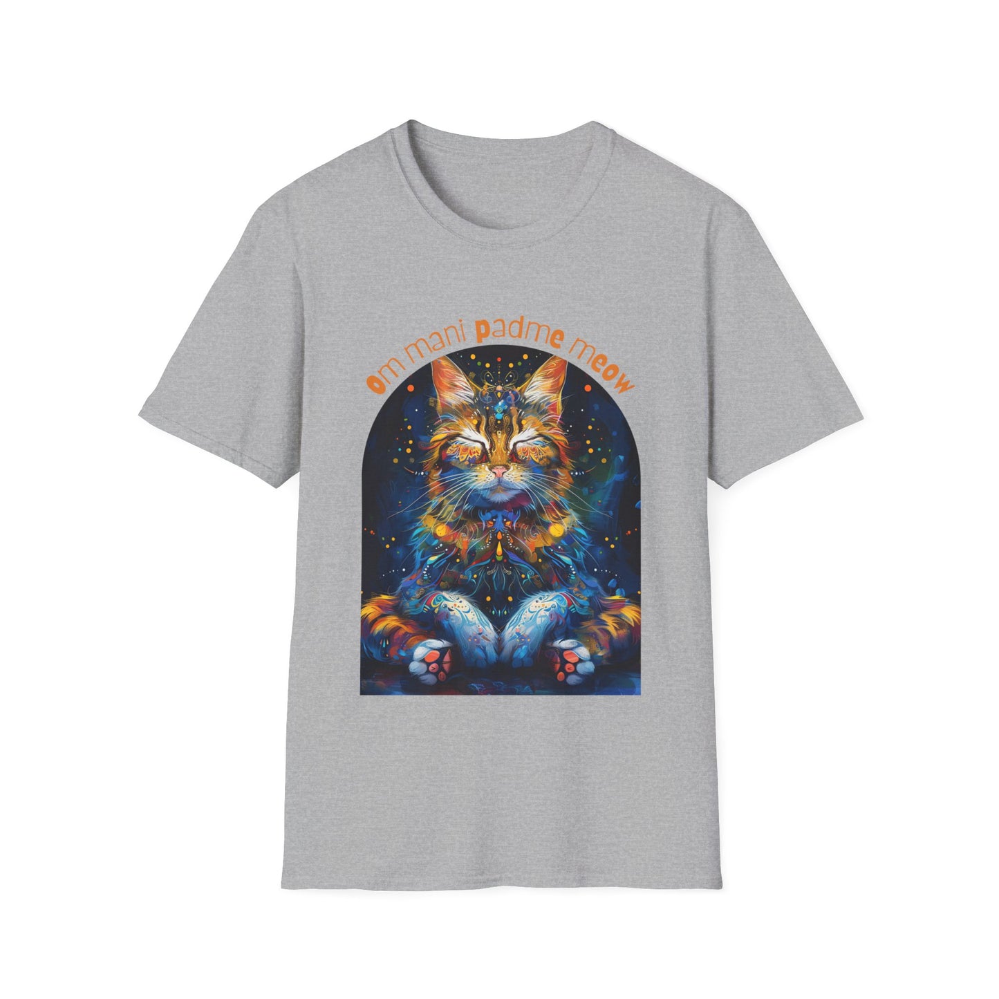 Om Mani Padme Meow (Ver 3) - Meditating Cat Shirt, Cat Lover's Graphic Tee Graphic Unisex T- Shirt, T-Shirt Cat Lovers Gift Softstyle T-Shirt Tee Teeshirt Stylized Cat