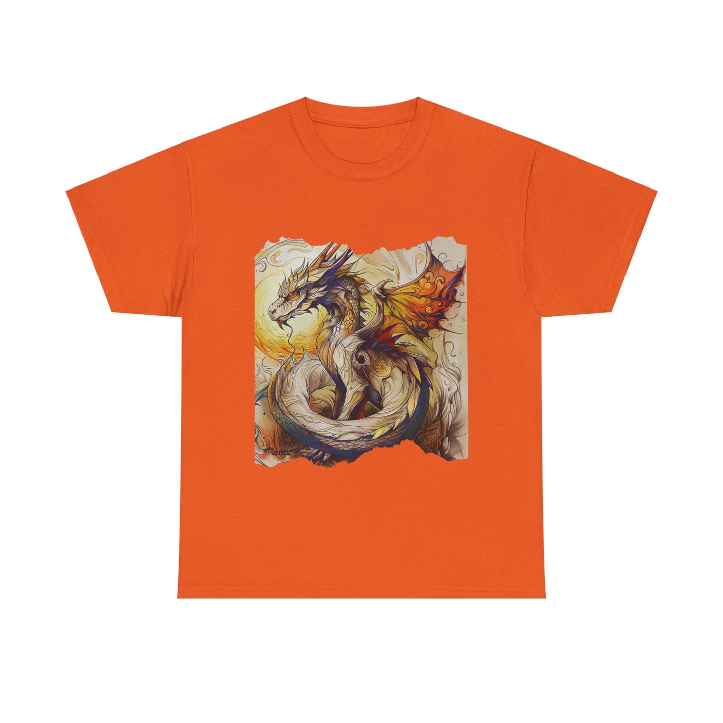 Dragons Yellow Sun Graphic Tee - Dragons and Ancestors - Dragon Lovers Unisex Heavy Cotton Tee T-Shirt