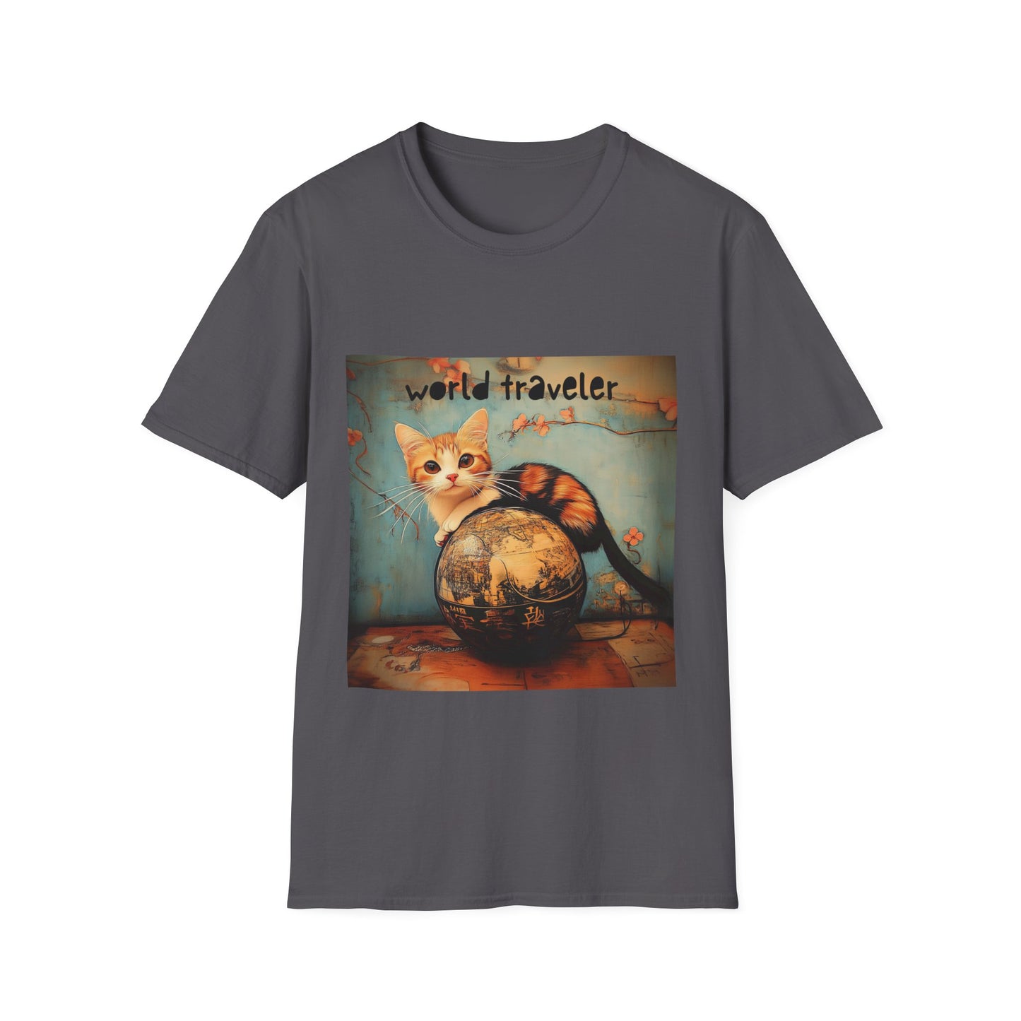 World Traveler Cute Cat Shirt, Cat Lover's Gift Graphic Tee Shirt, Text Reads "World Traveler" Unisex Softstyle T-Shirt Tee Teeshirt Retro
