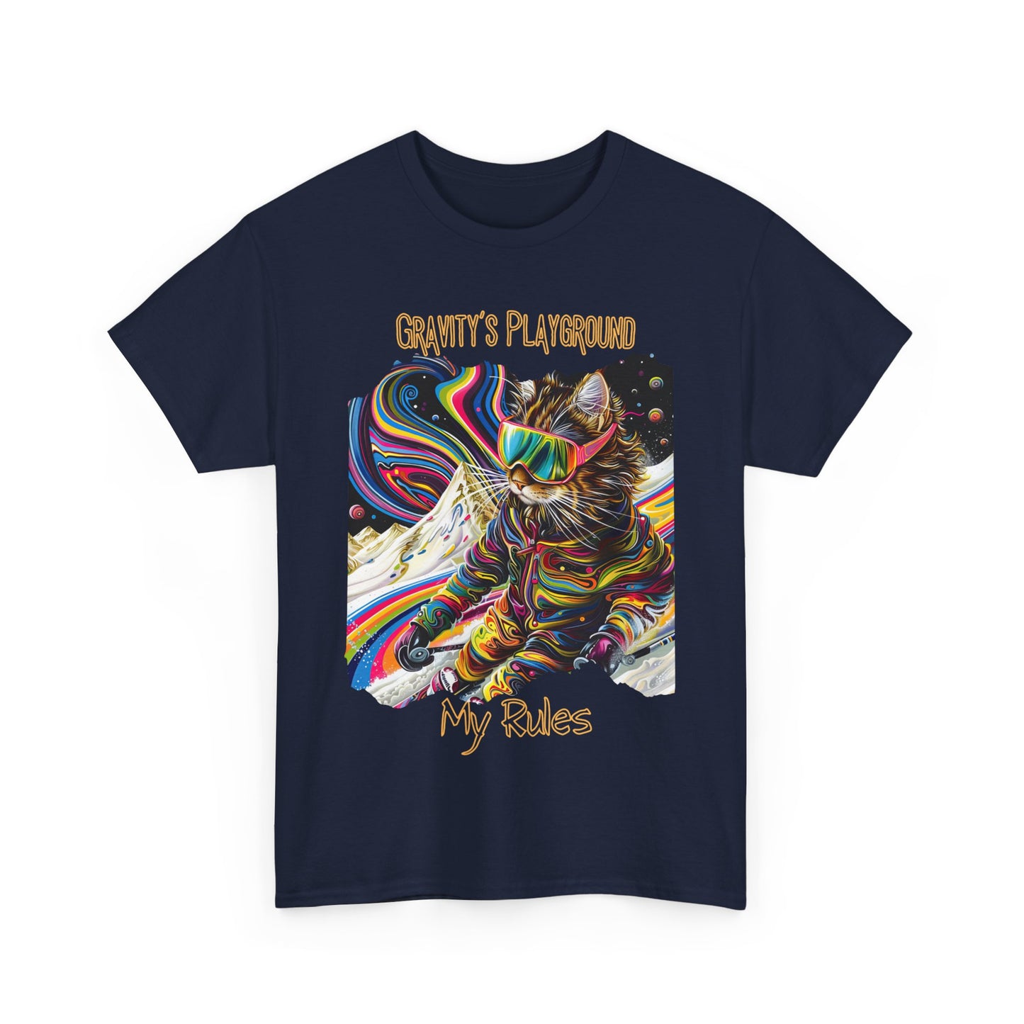 Gravity's Playground, MY Rules - Ski, Snow, Snowboard Winter Sports Cat (V2) Cat Art Gift -Cool Cats Graphic Tee Unisex Heavy Cotton Tee T-Shirt