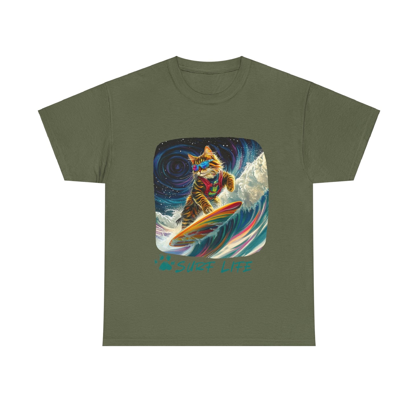 Surf LIfe - Surfer Surfing Cat Graphic Tee, Cat on Surfboard - Shirt reads "Surf Life" Cats Art Gift - Cool Cats Unisex Heavy Cotton Tee T-Shirt