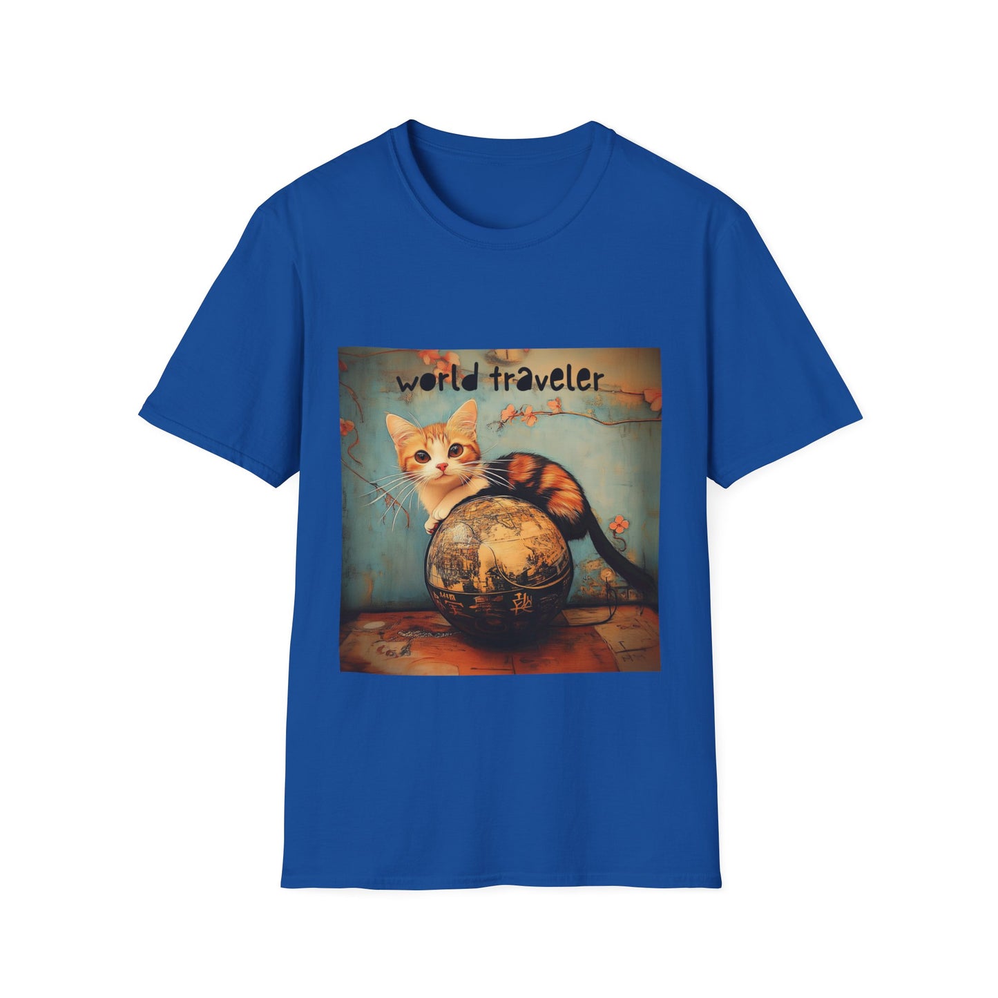 World Traveler Cute Cat Shirt, Cat Lover's Gift Graphic Tee Shirt, Text Reads "World Traveler" Unisex Softstyle T-Shirt Tee Teeshirt Retro