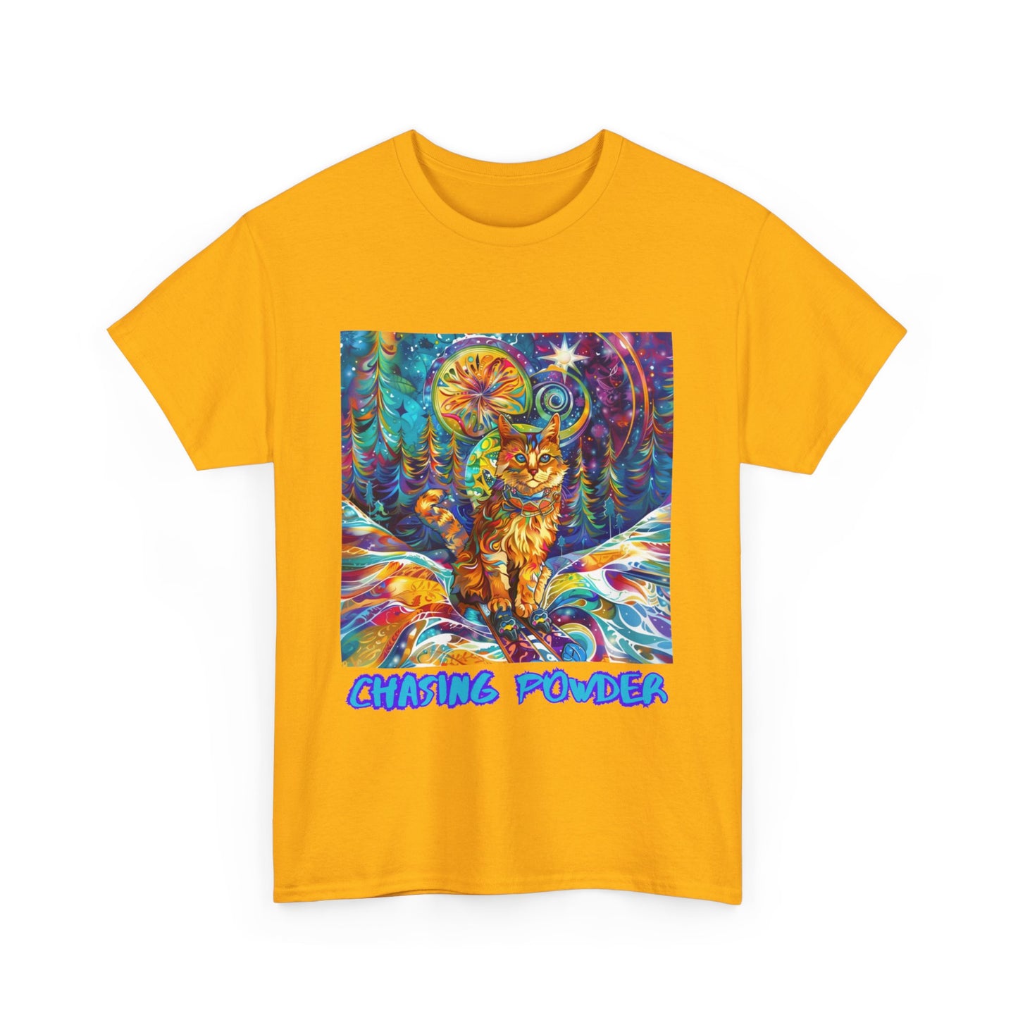 Chasing Powder - Snow, Snowboard Winter Sports Cat (V3) Cat Art Graphic Tee, Ski Gift - Cool Cats Unisex Heavy Cotton Tee T-Shirt