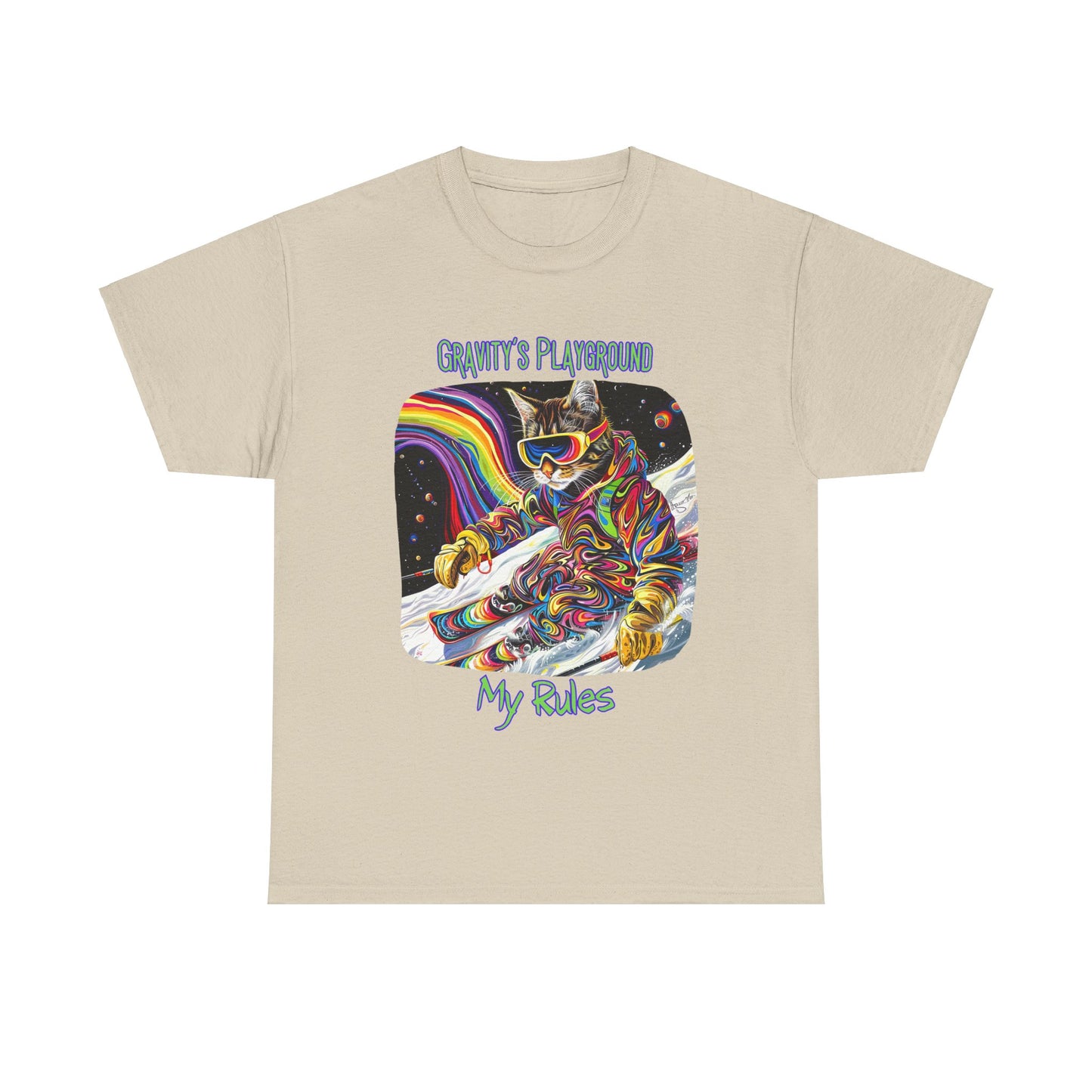 Gravity's Playground, My Rules - Ski, Snow, Snowboard Winter Sports Cat - Cat Graphic Tee Art Gift - Cool Cats Unisex Heavy Cotton Tee T-Shirt