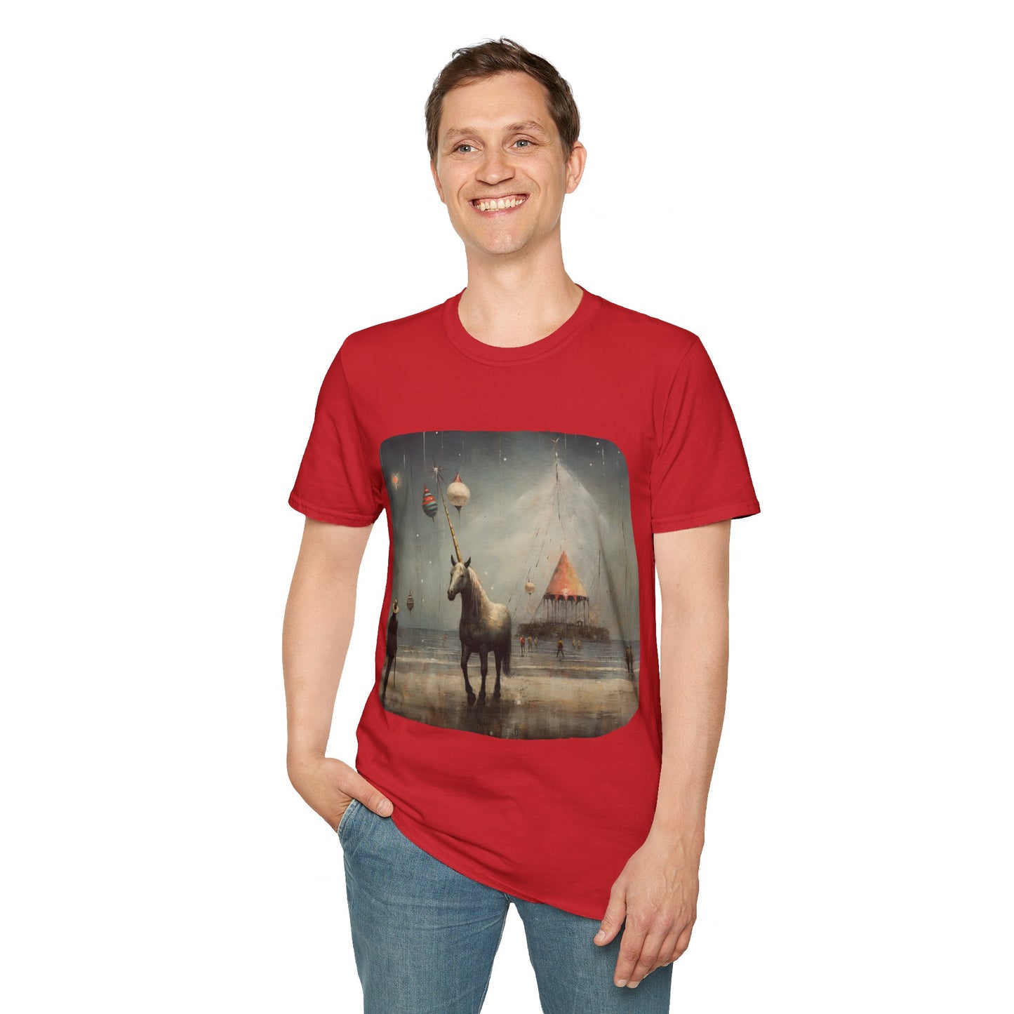 Unicorn with Holiday Ornament, Unicorn Christmas Gift Unisex Tee Shirt, T-Shirt Softstyle T-Shirt