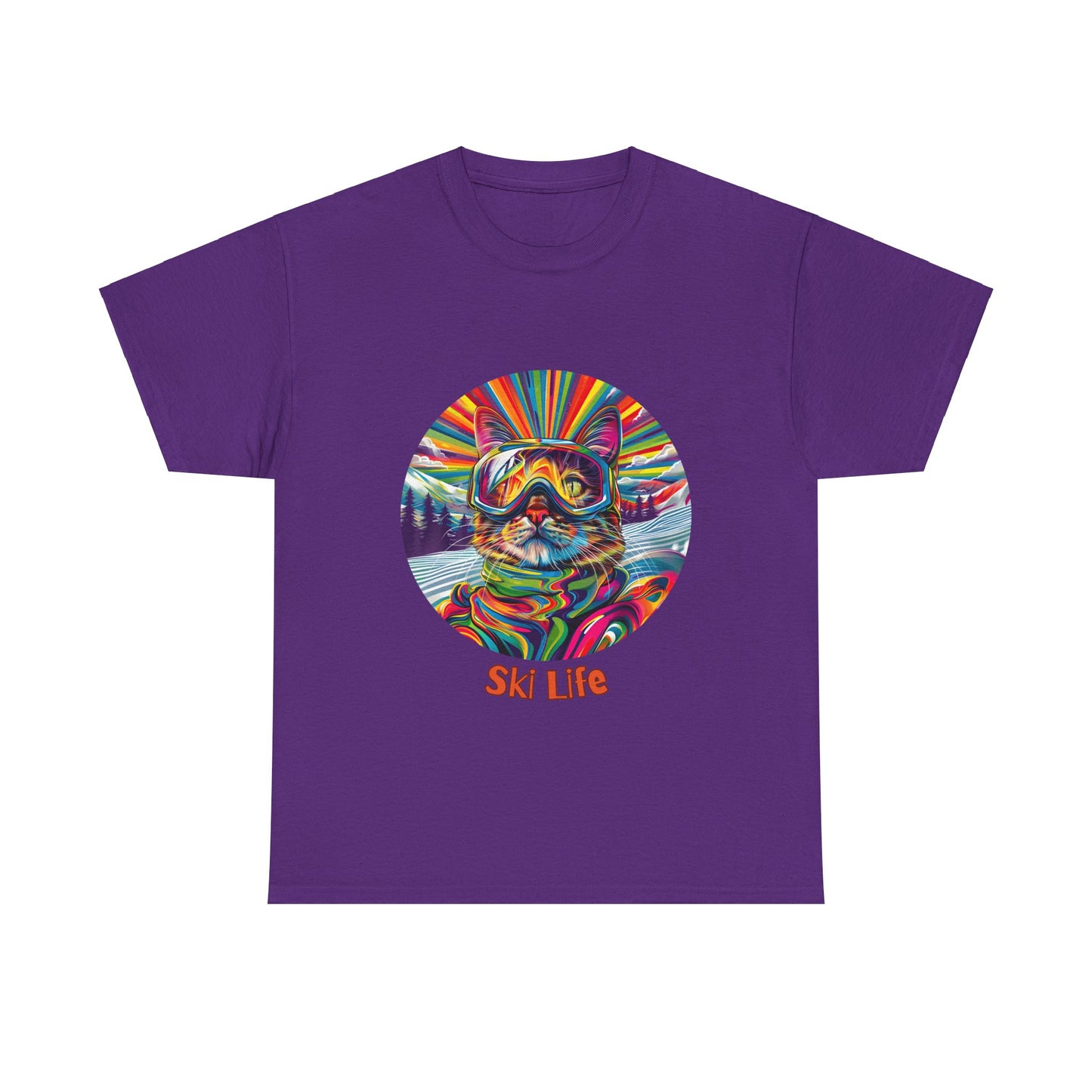 Ski Cat - "Ski Life" Snow, Snowboard Winter Sports Cat (V6) Cat Art Gift - Cool Cats Unisex Heavy Cotton Tee T-Shirt