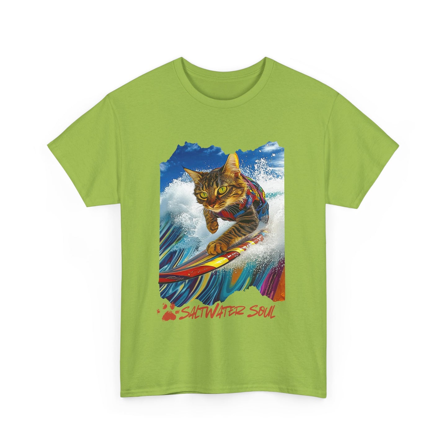 Saltwater Soul Surfer Cat, T-shirt, Cat on Surfboard Graphic Tee- Water Sports Cat Cat Art Gift - Cool Cats Unisex Heavy Cotton Tee T-Shirt