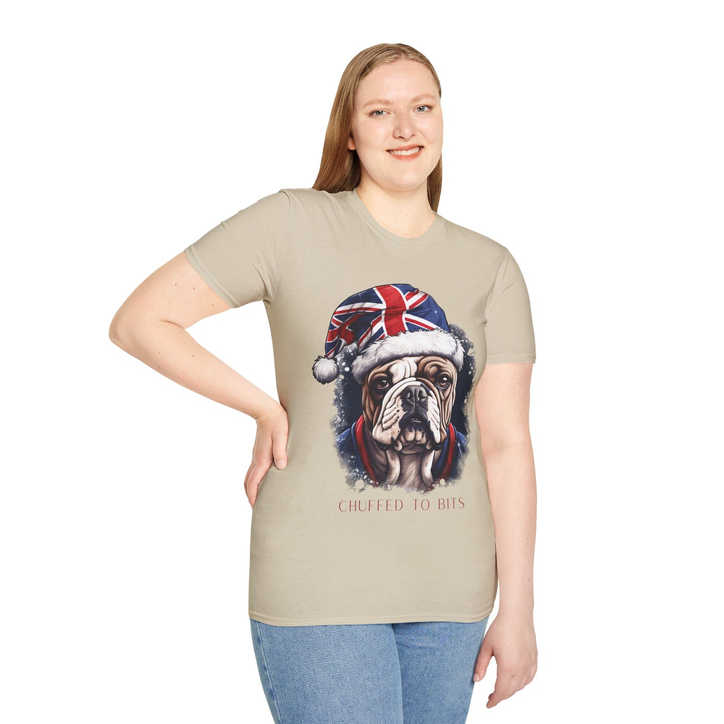 English Bulldog, Chuffed To Bits T-Shirt, British Union Jack, Mens Womans Unisex Shirt Softstyle T-Shirt Teeshirt Anglophile
