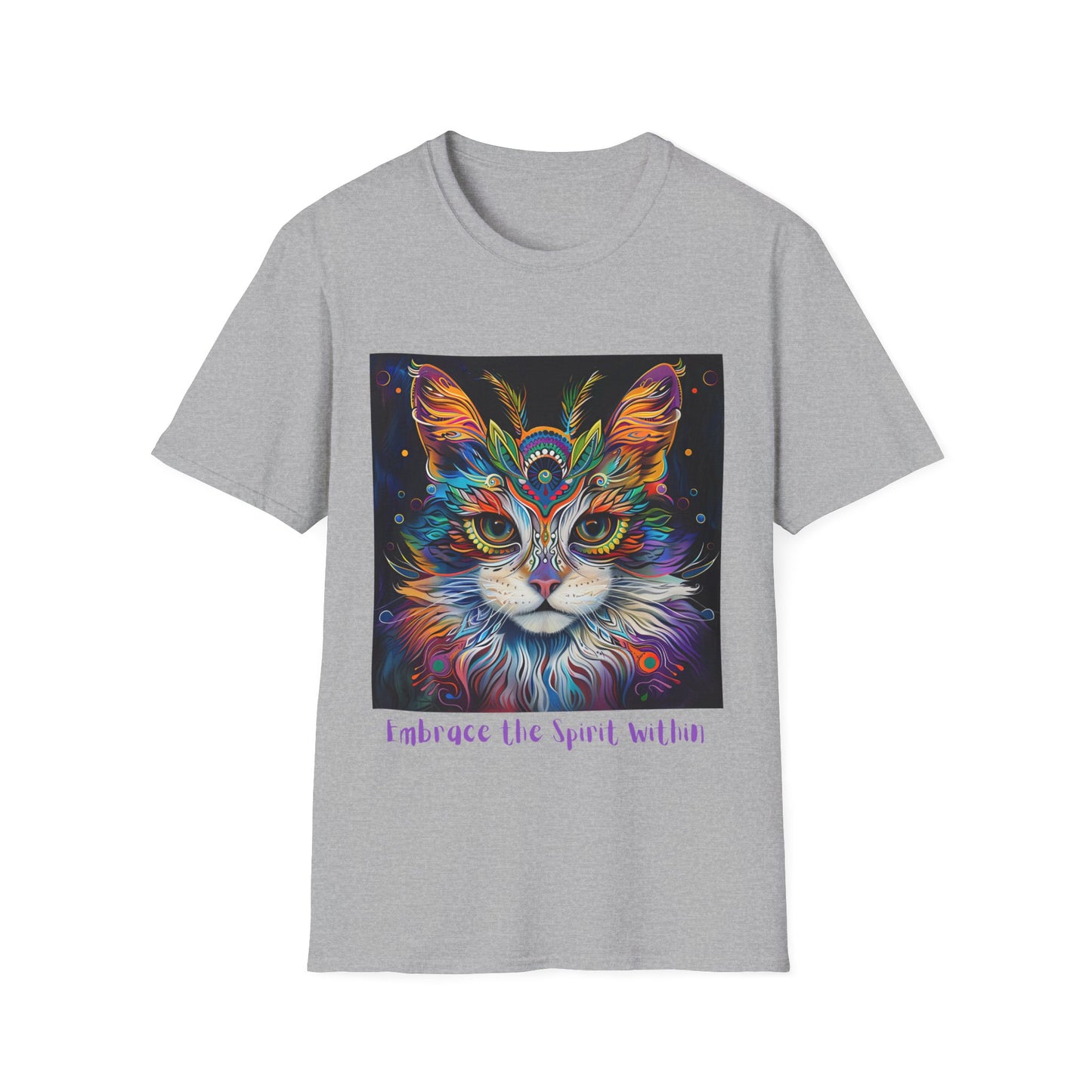 "Embrace the Spirit Within" Cat Shaman Graphic Cat Tee, Cat Lover's Graphic Tee Graphic Unisex T- Shirt, T-Shirt Cat Lovers Gift Softstyle T-Shirt Tee Teeshirt Stylized Cat