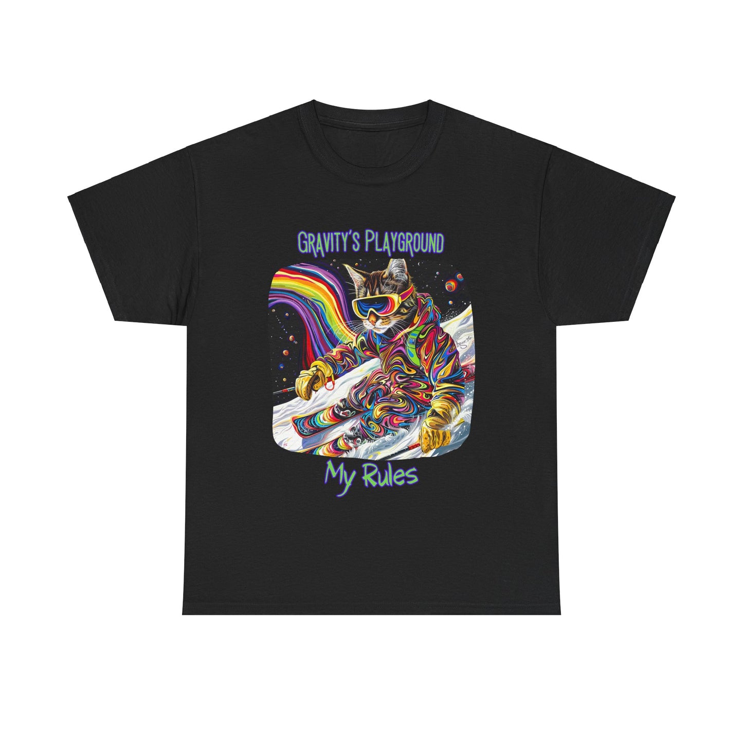 Gravity's Playground, My Rules - Ski, Snow, Snowboard Winter Sports Cat - Cat Graphic Tee Art Gift - Cool Cats Unisex Heavy Cotton Tee T-Shirt