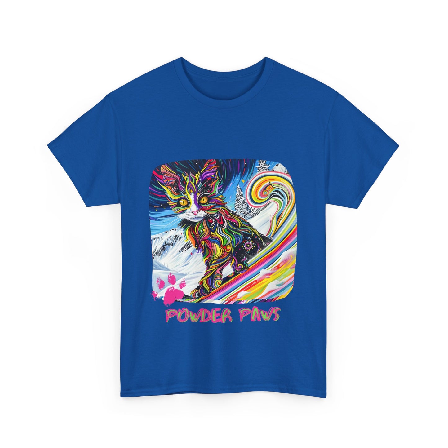 Powder Paws Snow, Snowboard Winter Sports Cat - Cat Art Graphic Tee, Ski Gift - Cool Cats Unisex Heavy Cotton Tee T-Shirt