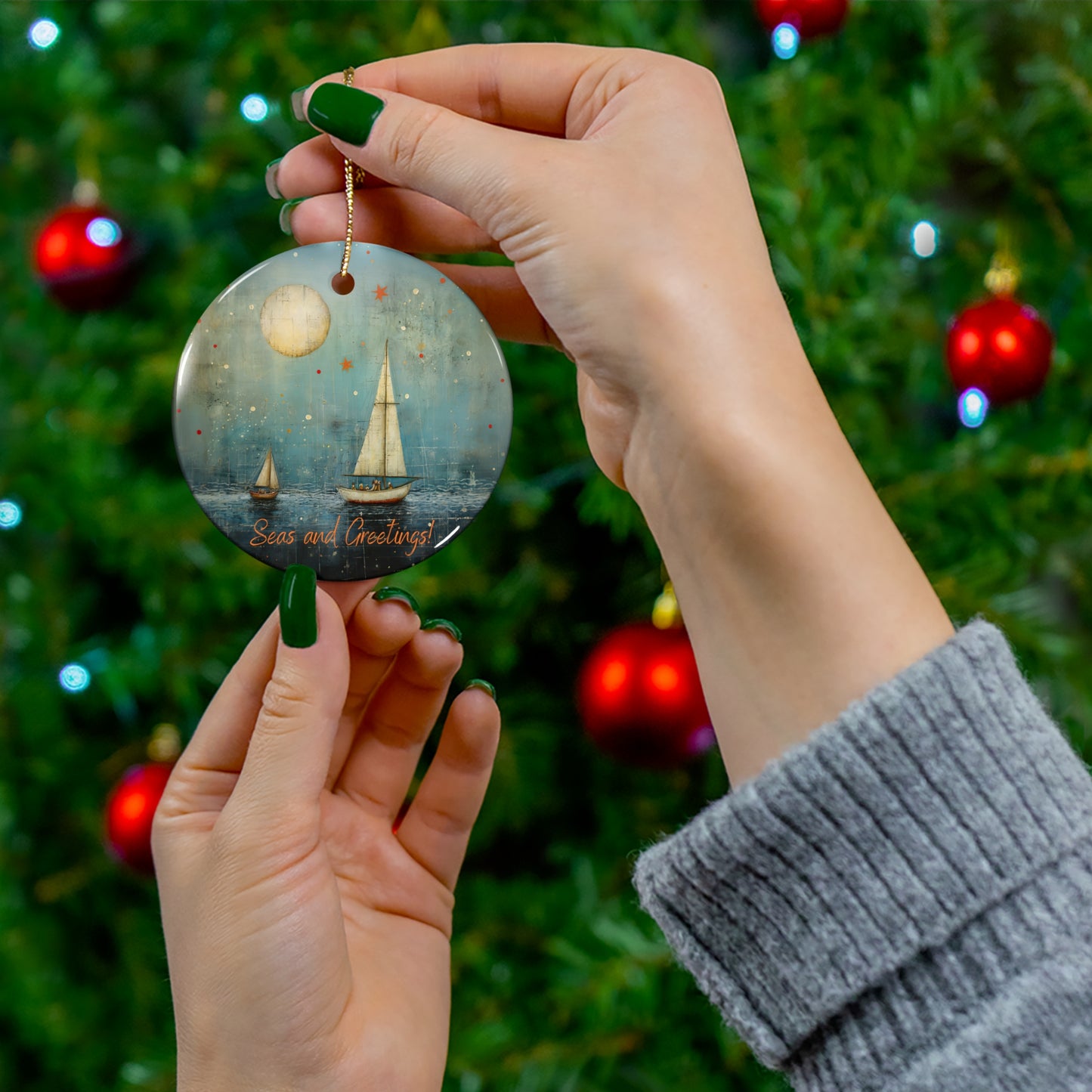 Seas and Greetings, Florida, Tropical, Sailing Sailboat Seaside Christmas Greetings - Christmas Tree Keepsake Ornament Ceramic - Seas and Greetings