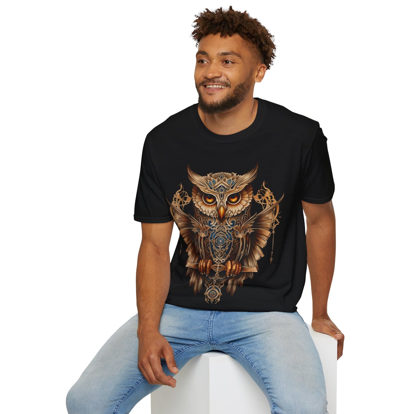 Art Deco Style Owl, Golden Owl Shirt, 1920's Steampunk Owl Christmas Gift Unisex Tee Shirt, T-Shirt Softstyle T-Shirt Tee Teeshirt