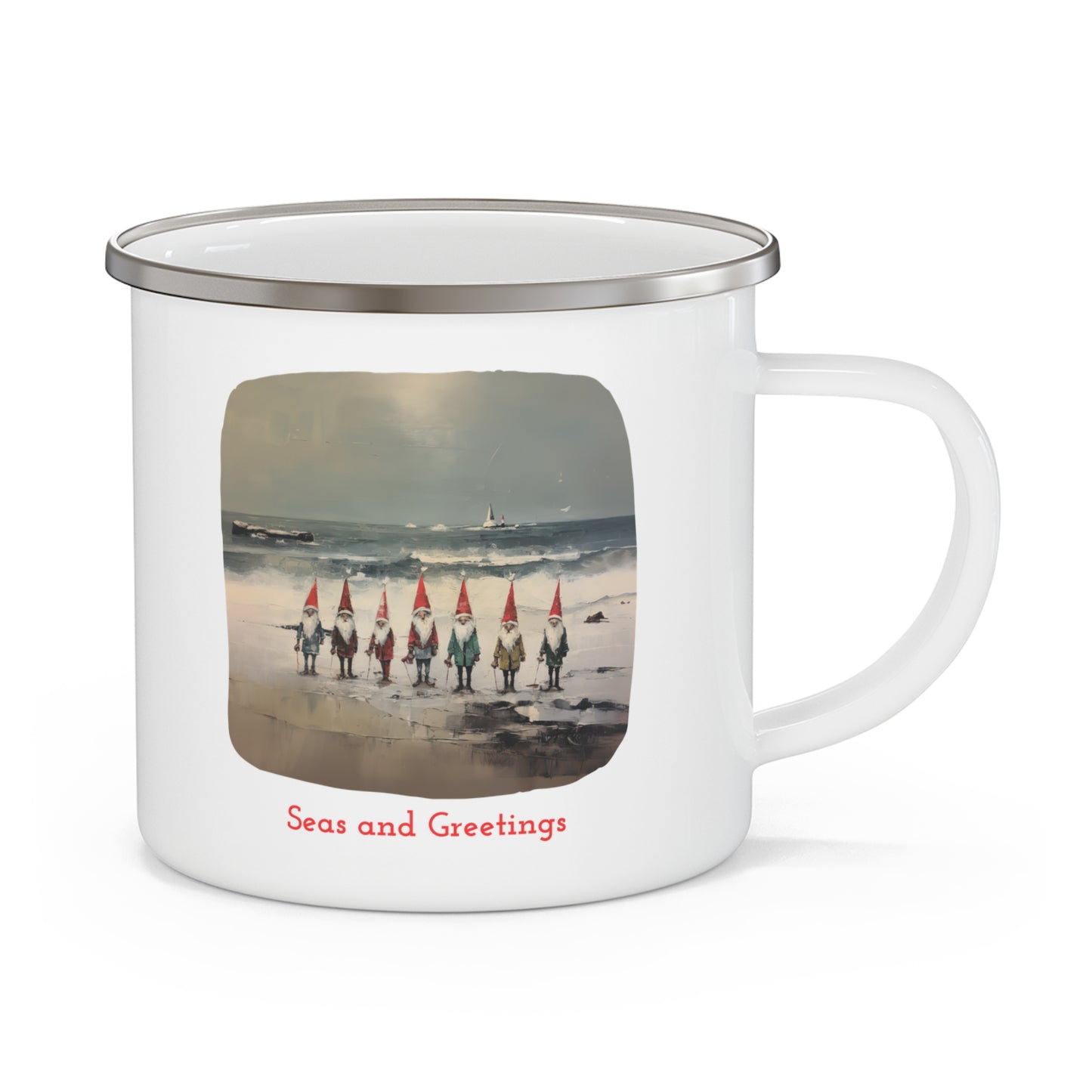 Seas and Greetings, Nautical Gnomes Christmas by the Sea, Sailing, Nautical Gift, Enamel Camping Mug