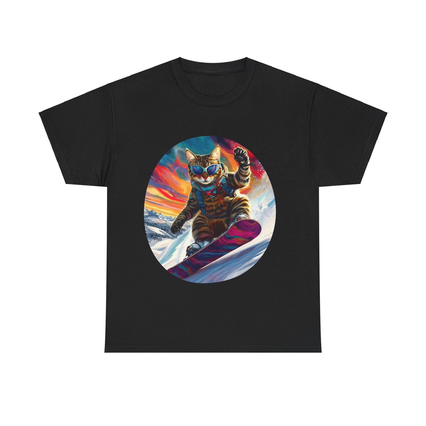 Snowboard Cat (V4) Extreme Winter Sports Ski Cat Art Gift - Cool Cats Unisex Heavy Cotton Tee T-Shirt