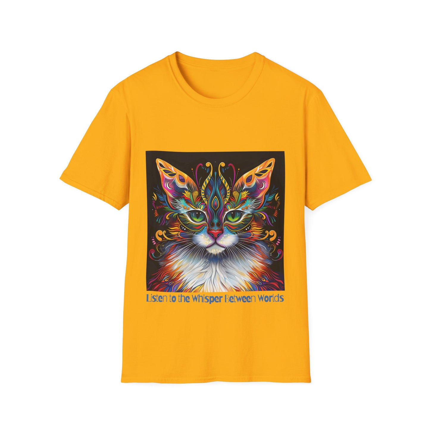 Listen to the Whisper Between Worlds- Shaman Graphic Cat Tee, Cat Lover's Graphic Tee Graphic Unisex T- Shirt, T-Shirt Cat Lovers Gift Softstyle T-Shirt Tee Teeshirt Stylized Cat