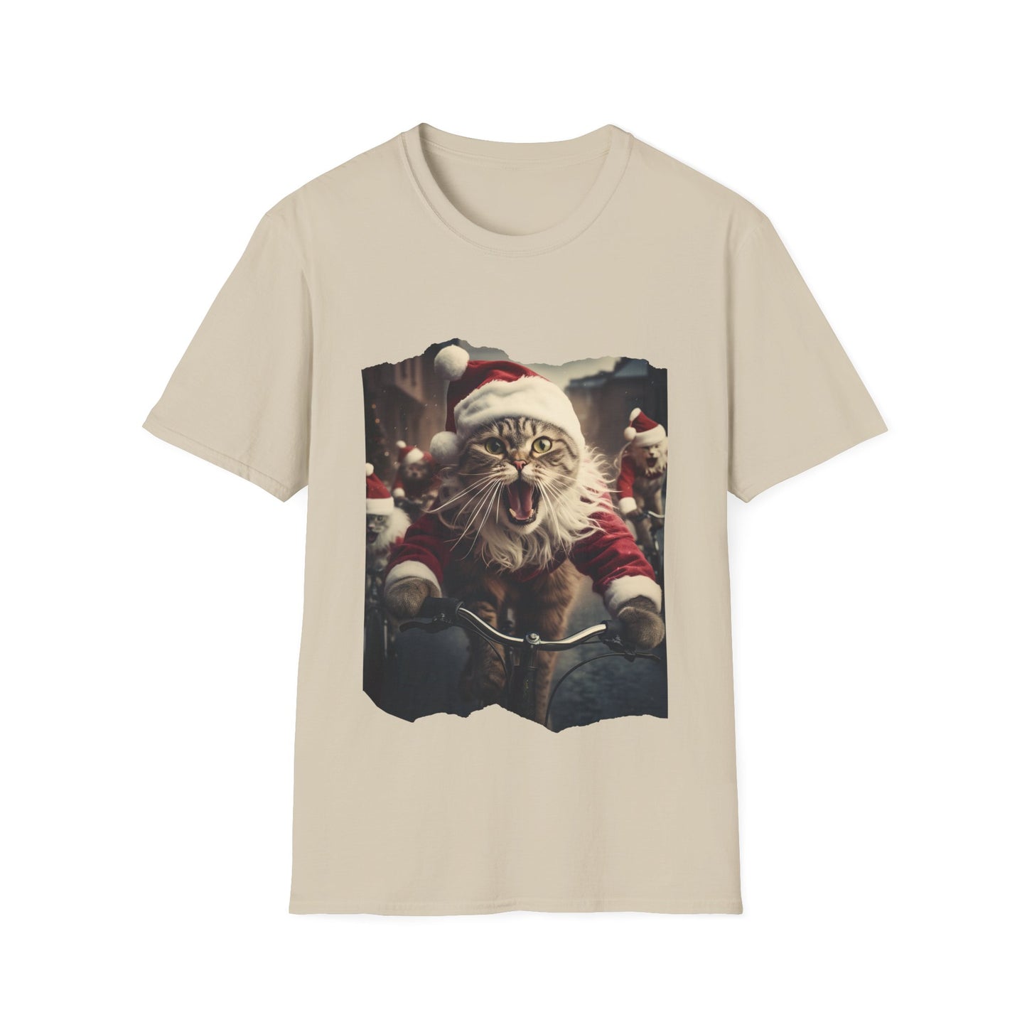Screaming Cats on Bikes Holiday Christmas Cat Shirt, Cat Lover's Graphic Tee Graphic Unisex T- Shirt, T-Shirt Cat Lovers Gift Softstyle T-Shirt Tee Christmas JumperTeeshirt Stylized Cat