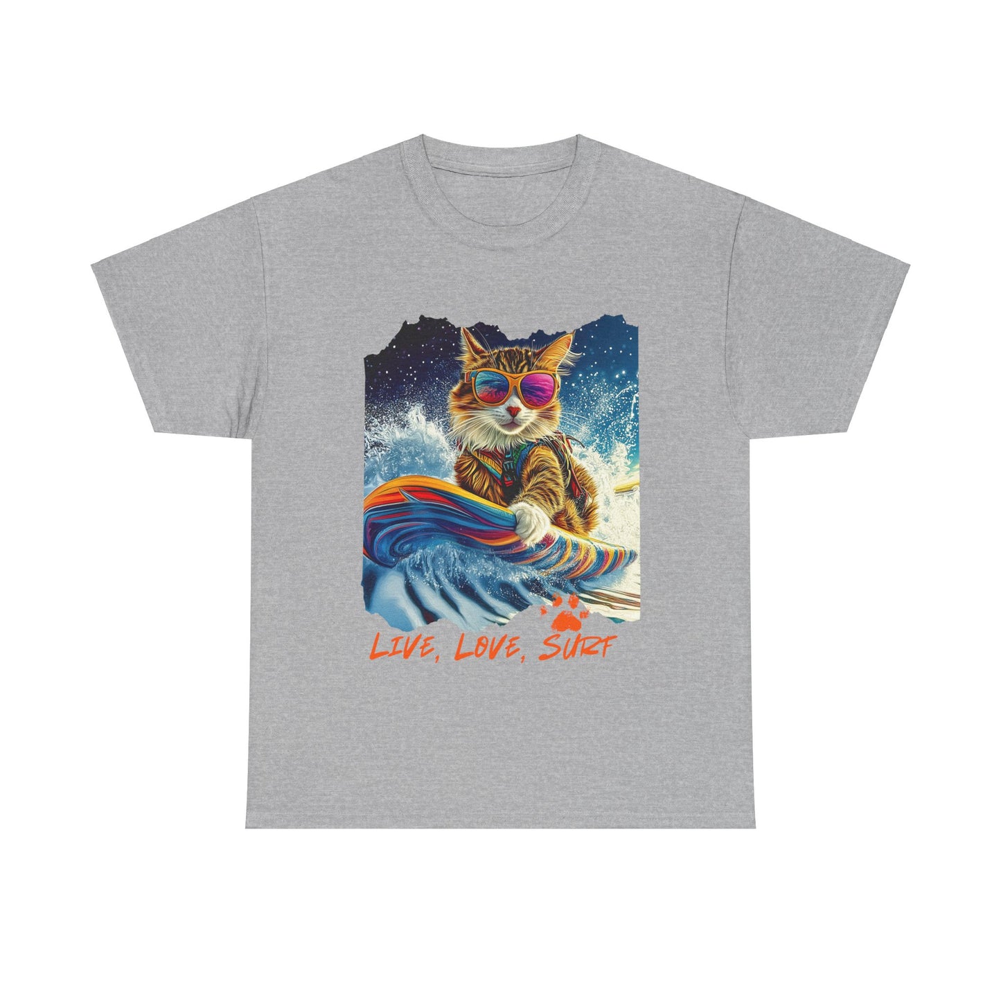 SHRED THE GNAR Surfer - Surfing Cat Graphic Tee, Cat on Surfboard reads "Live, Love Surf" Surf Life Cat ,Art Gift - Cool Cats Unisex Heavy Cotton Tee T-Shirt