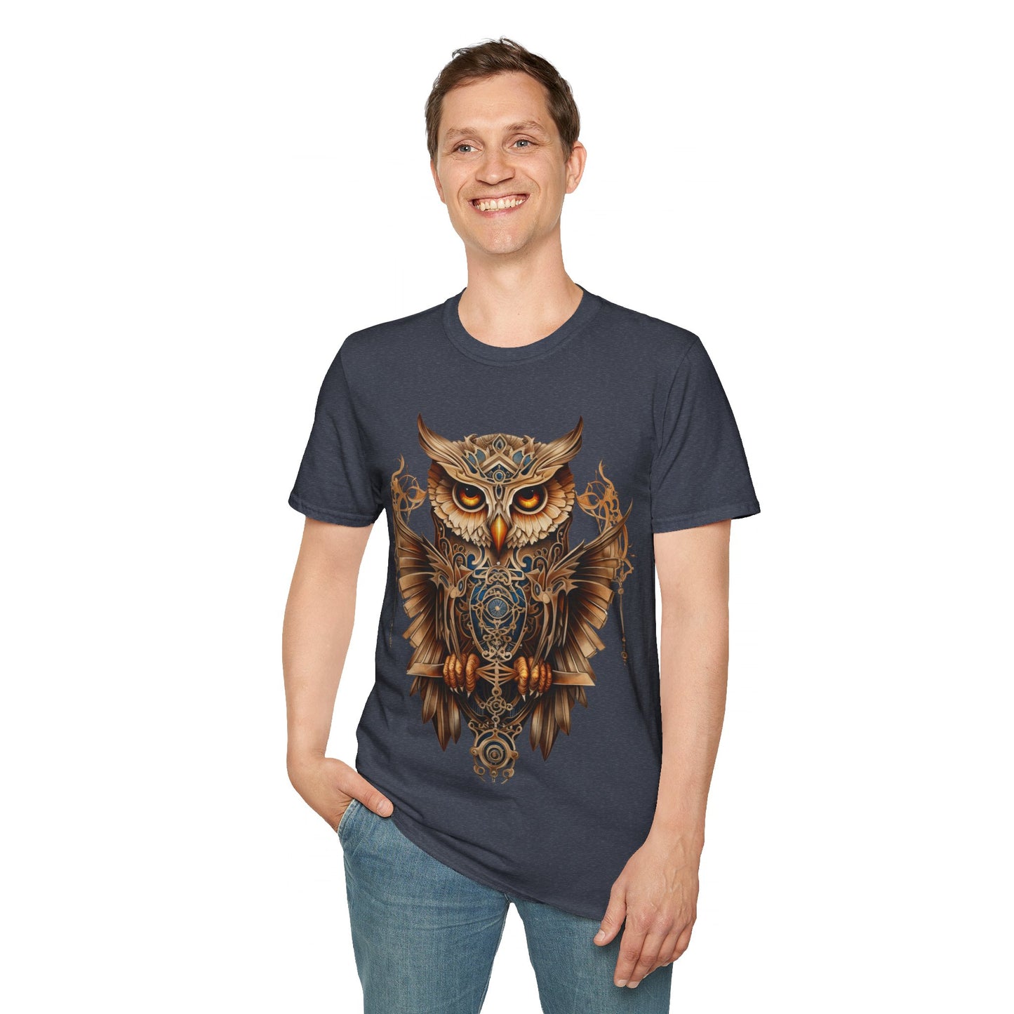 Art Deco Style Owl, Golden Owl Shirt, 1920's Steampunk Owl Christmas Gift Unisex Tee Shirt, T-Shirt Softstyle T-Shirt Tee Teeshirt