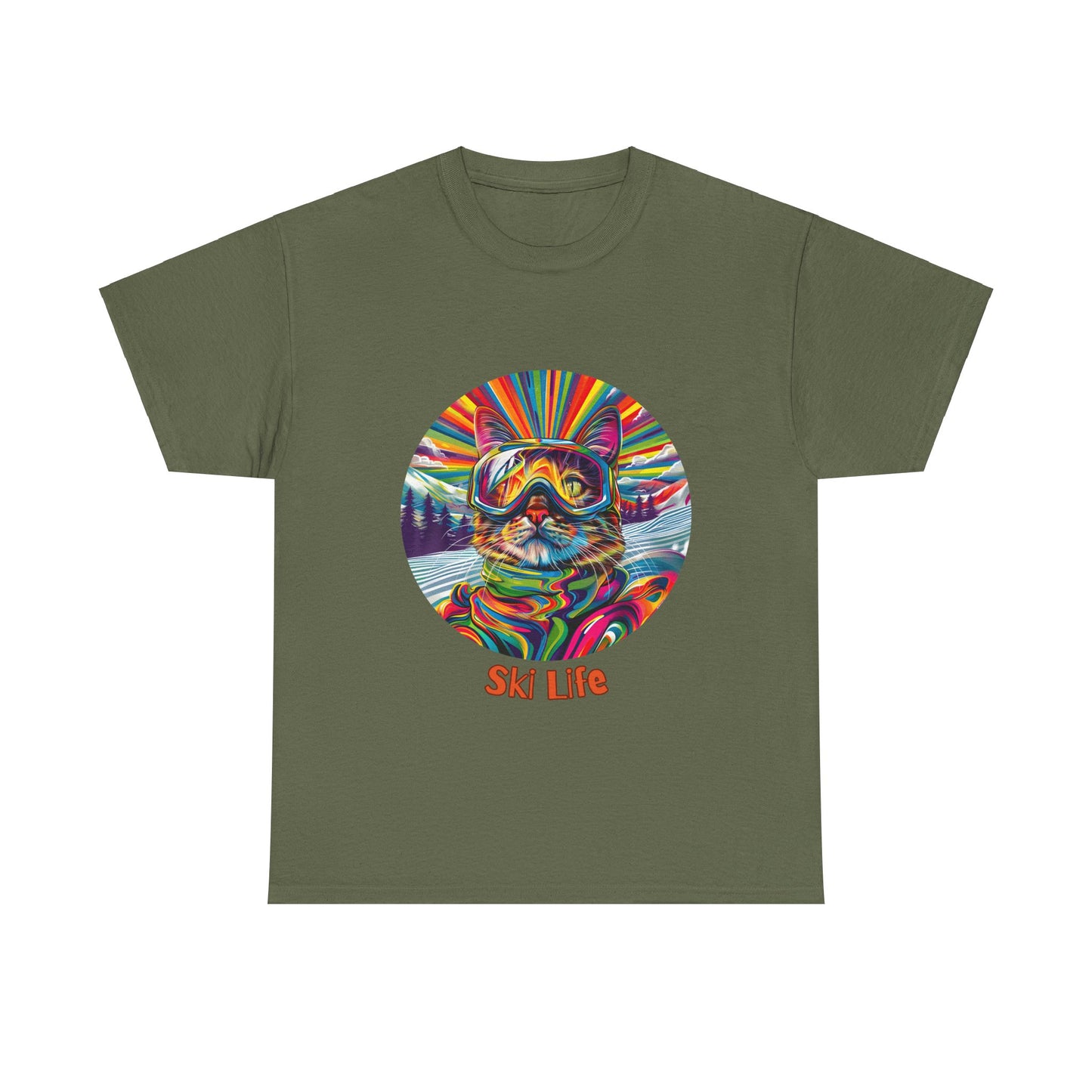 Ski Cat - "Ski Life" Snow, Snowboard Winter Sports Cat (V6) Cat Art Gift - Cool Cats Unisex Heavy Cotton Tee T-Shirt