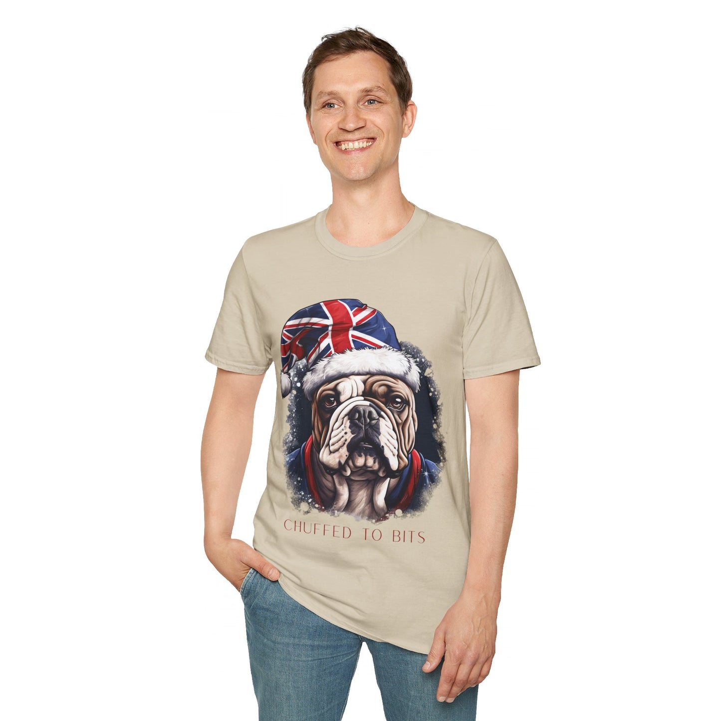 English Bulldog, Chuffed To Bits T-Shirt, British Union Jack, Mens Womans Unisex Shirt Softstyle T-Shirt Teeshirt Anglophile