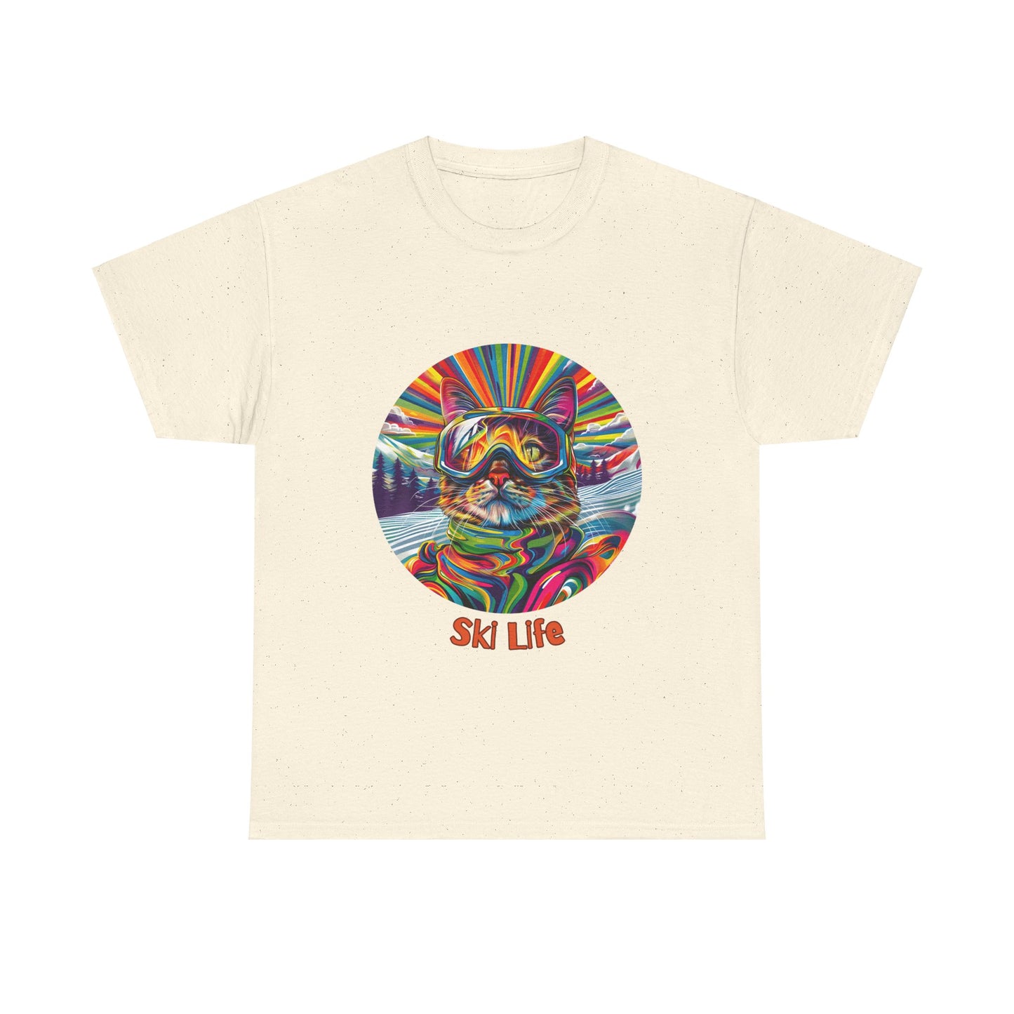 Ski Cat - "Ski Life" Snow, Snowboard Winter Sports Cat (V6) Cat Art Gift - Cool Cats Unisex Heavy Cotton Tee T-Shirt