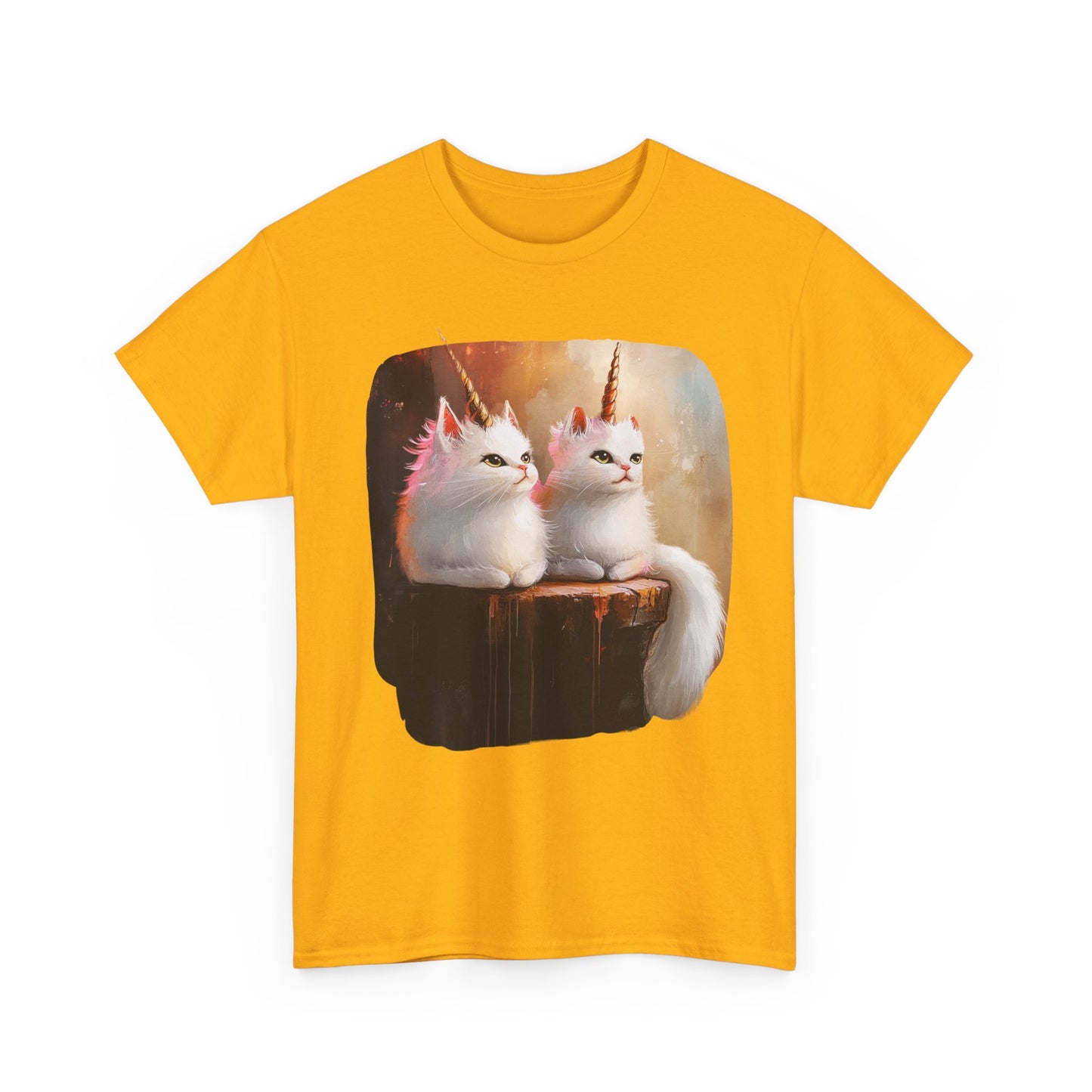 Fluffy White Kawaii Unicorn Cat Graphic Tee - Cat Unicorn Mythical Creature Gift Unisex Adult Size Heavy Cotton Tee T-Shirt