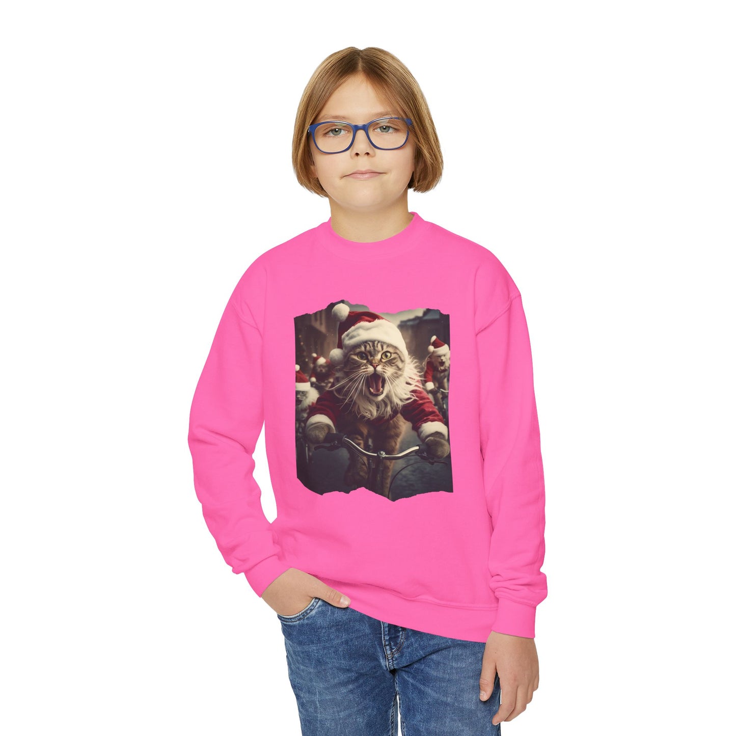 Christmas Caroling, Singing Cats in Santa Hats Kids Sweatshirt - Adorable Kids Youth Crewneck Sweatshirt -Christmas Cat Gift