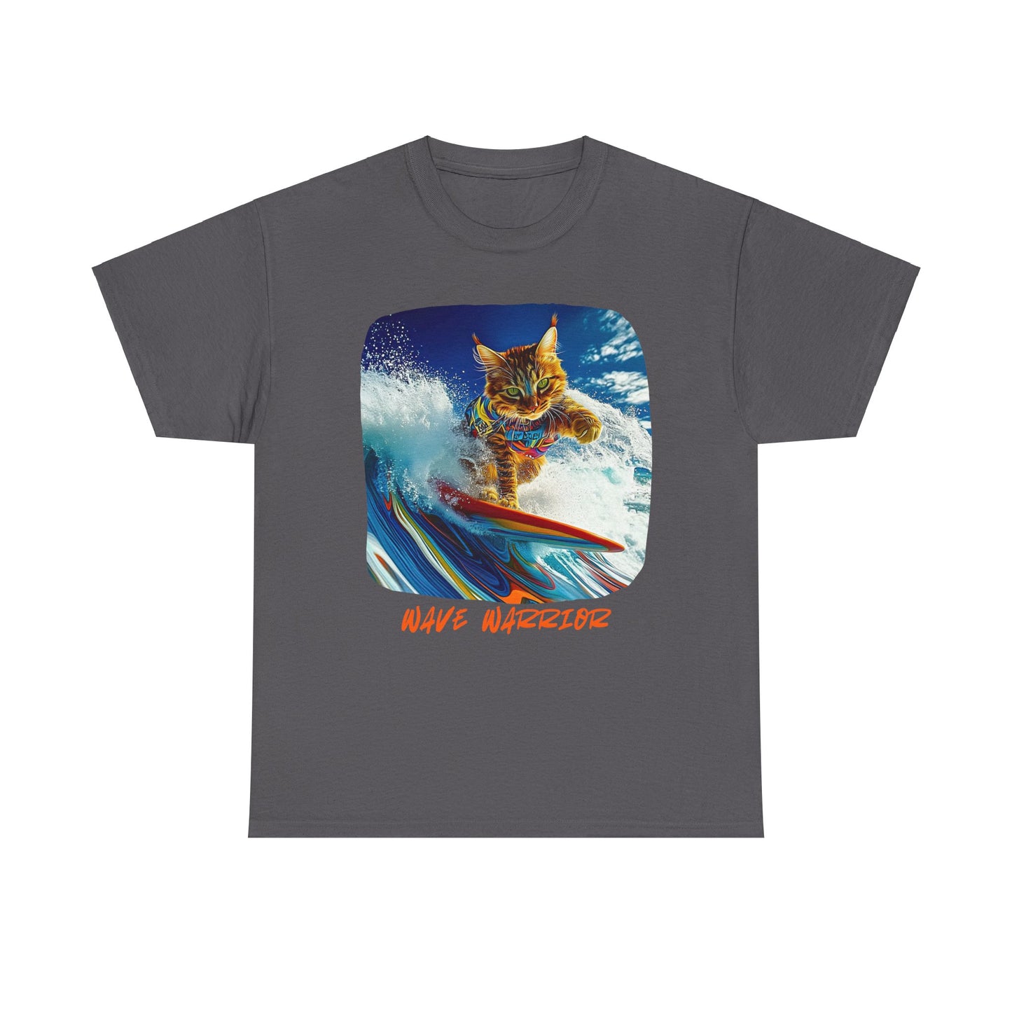 Wave Warrior Surfer Surfing Cat, Cat on Surfboard Graphic Tee reads "Wave Warrior" Surf Life Cat ,Art Gift - Cool Cats Unisex Heavy Cotton Tee T-Shirt