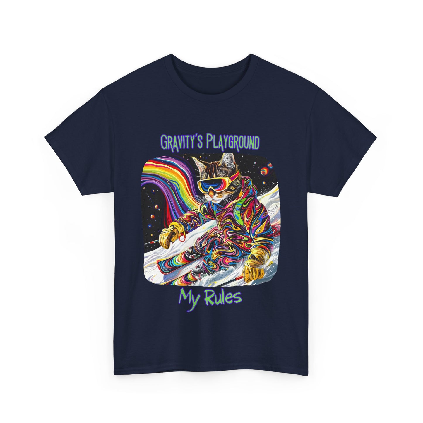 Gravity's Playground, My Rules - Ski, Snow, Snowboard Winter Sports Cat - Cat Graphic Tee Art Gift - Cool Cats Unisex Heavy Cotton Tee T-Shirt