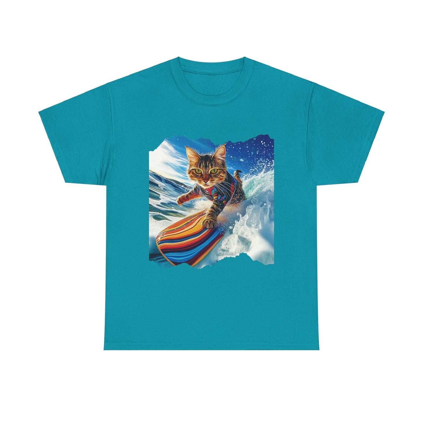 Surfer Surf Cat, Cat on Surfboard Graphic Tee- Water Sports Cat (V1) Cat Art Gift - Cool Cats Unisex Heavy Cotton Tee T-Shirt
